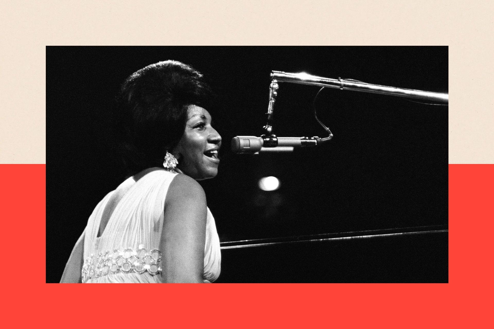 Aretha Franklin performing on a piano during the 'Soul Together' Concert at Madison Square Garden, New York
