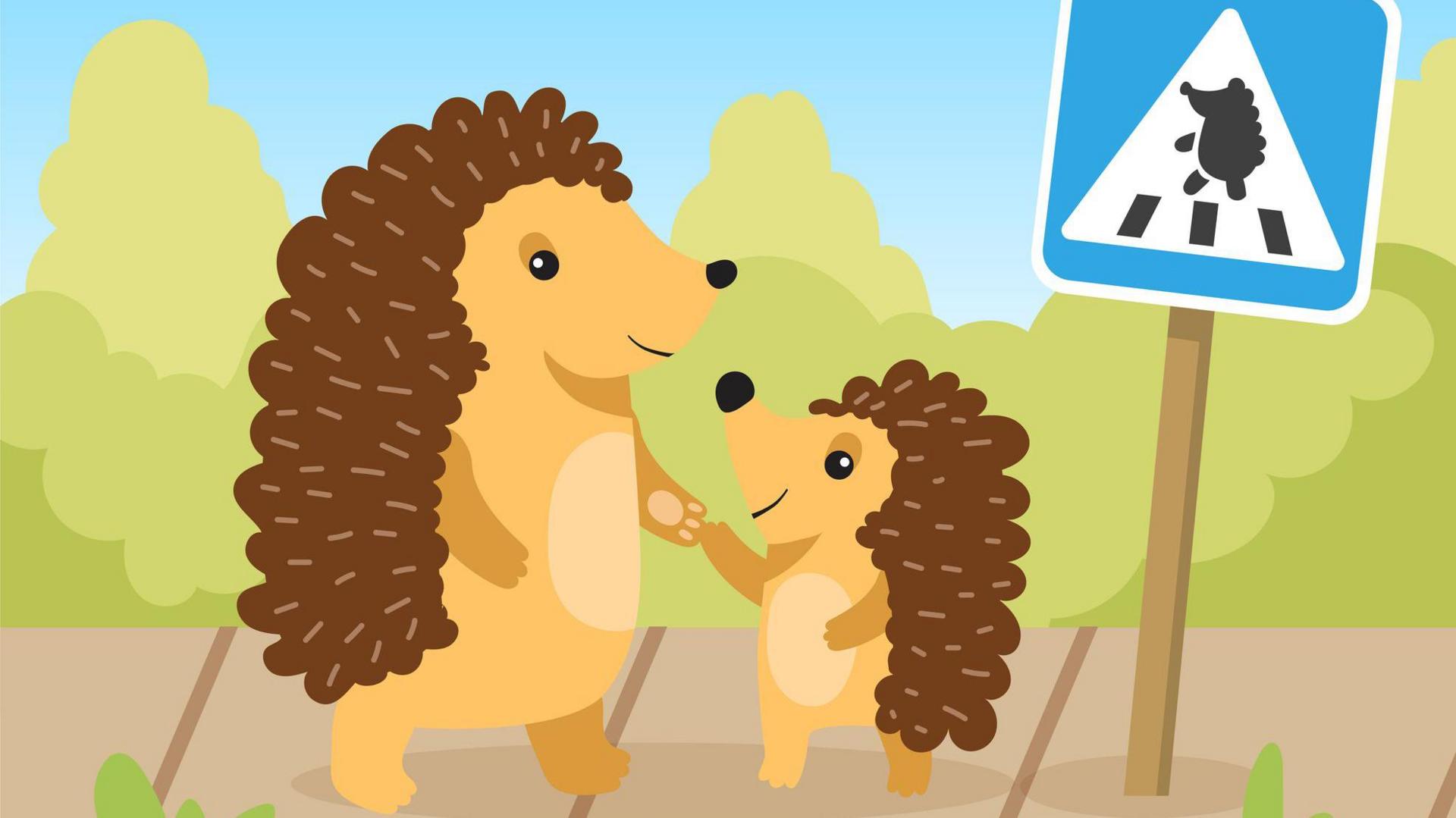 Illustration of a parent hedgehog with their child walking to a hedgehog crossing