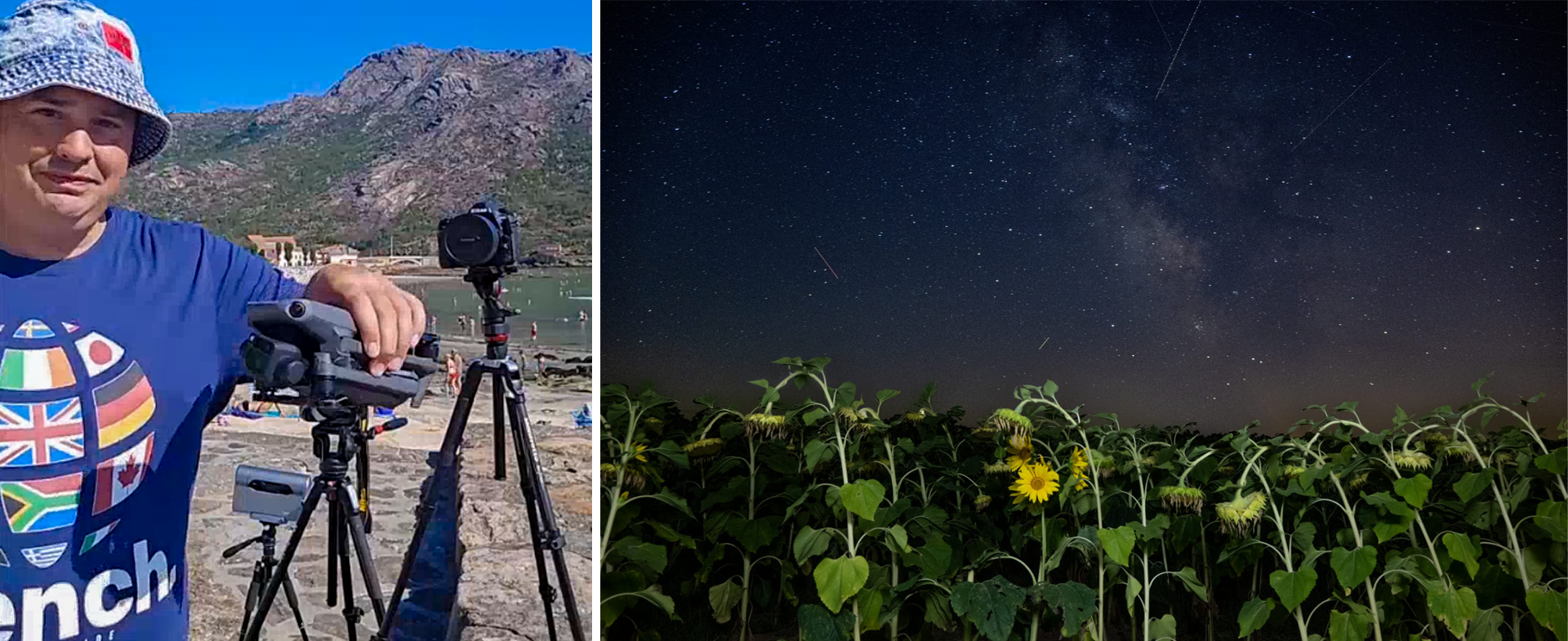 Split image showing photography scenes. In the left panel, a person wearing a bucket hat and a blue T-shirt stands beside a drone, two cameras and a telescope. Mountains and a waterfront are visible in the background. In the right panel, a field of sunflowers appears beneath a star-filled night sky, with several bright meteor trails visible above the plants.