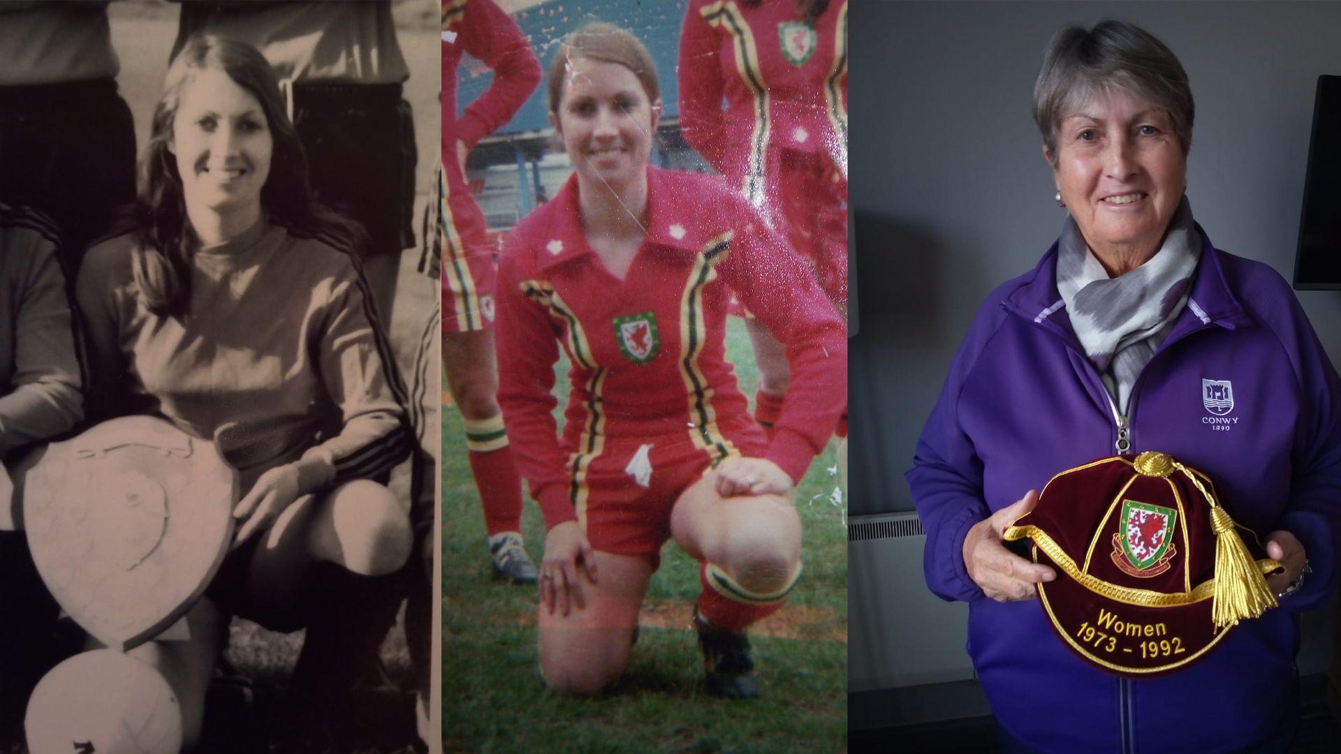 Mai Griffith - gyda Prestatyn Ladies, Cymru, a gyda'r cap arbennig i nodi 