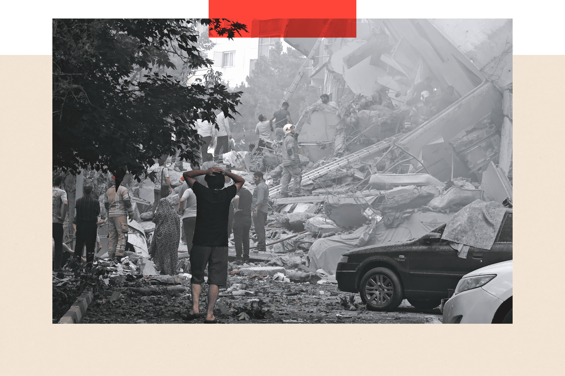 People look over damage to buildings in Nobonyad Square following Israeli airstrikes on June 13, 2025 in Tehran, Iran