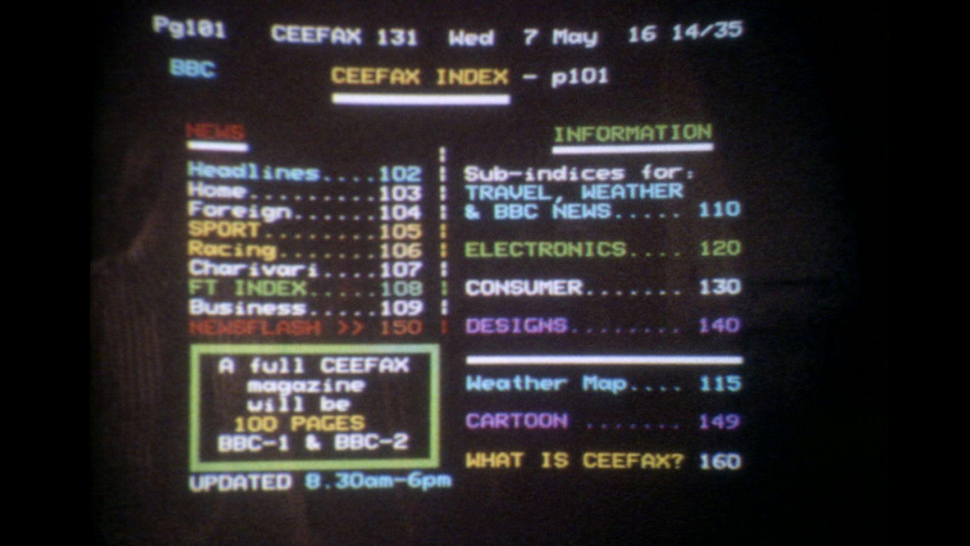 Ceefax index displayed on a television unit, including information on travel, weather and news.