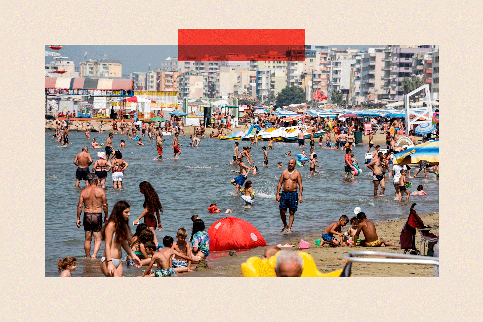 Crowded beach of the Adriatic Sea in the city of Durres, Albania