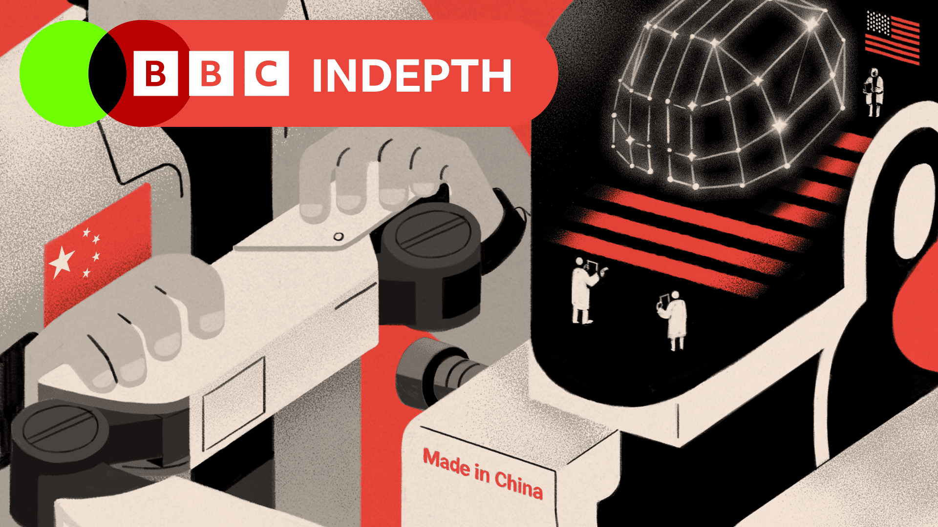 An illustration showing a worker with a Chinese flag on their chest operating a robot with the words "Made in China" on its front. Small human figures under a US flag are inside the robot's "brain"