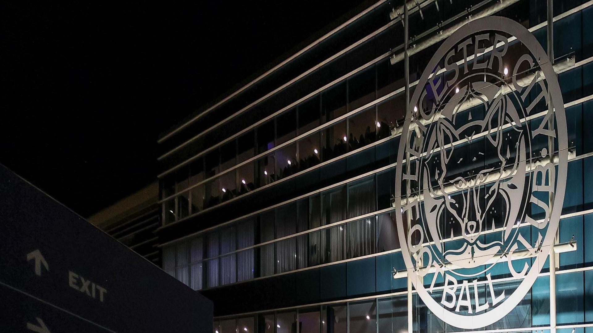 General view of a Leicester City sign from the front of King Power Stadium