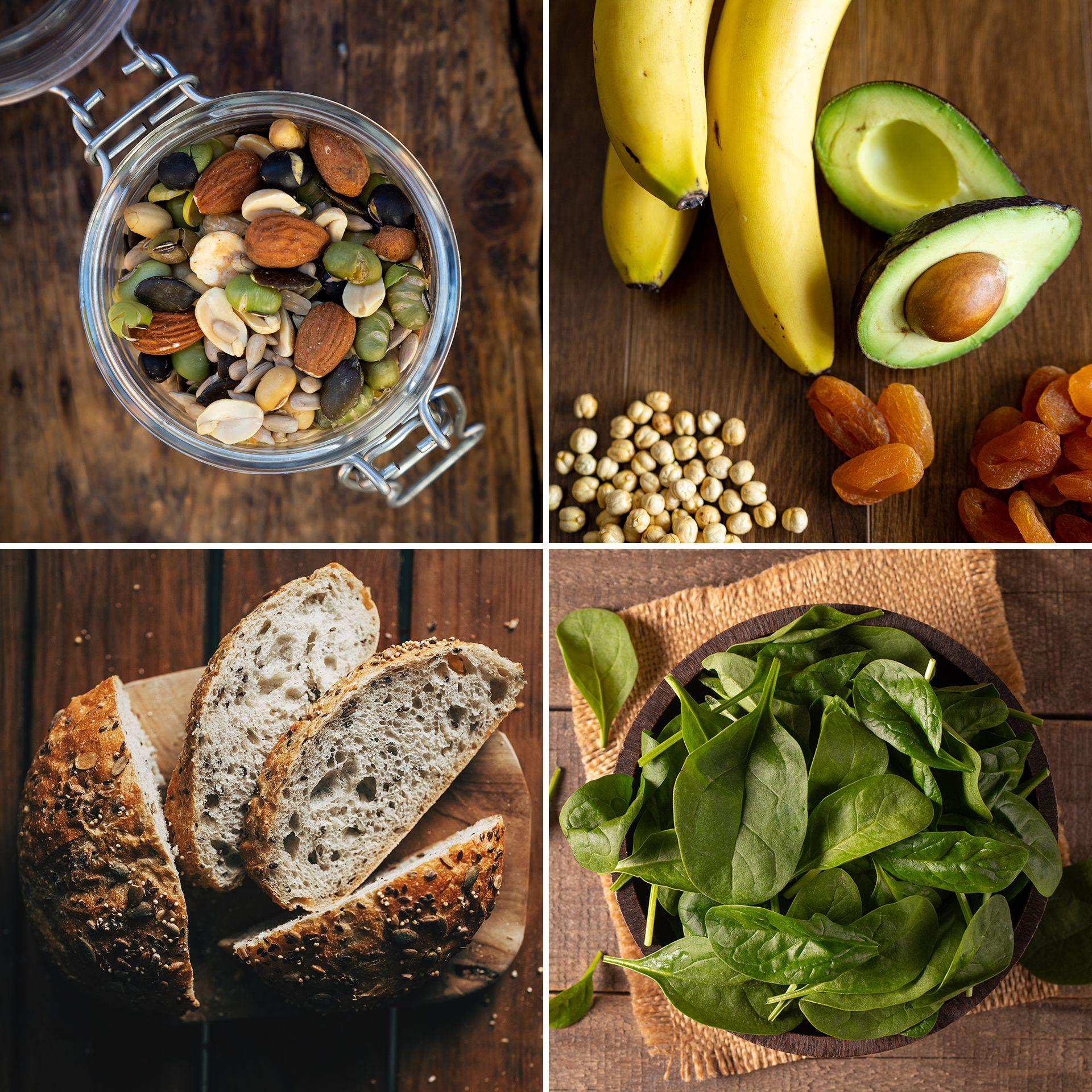 Seeds, nuts, whole grain breads, greens and fruit images
