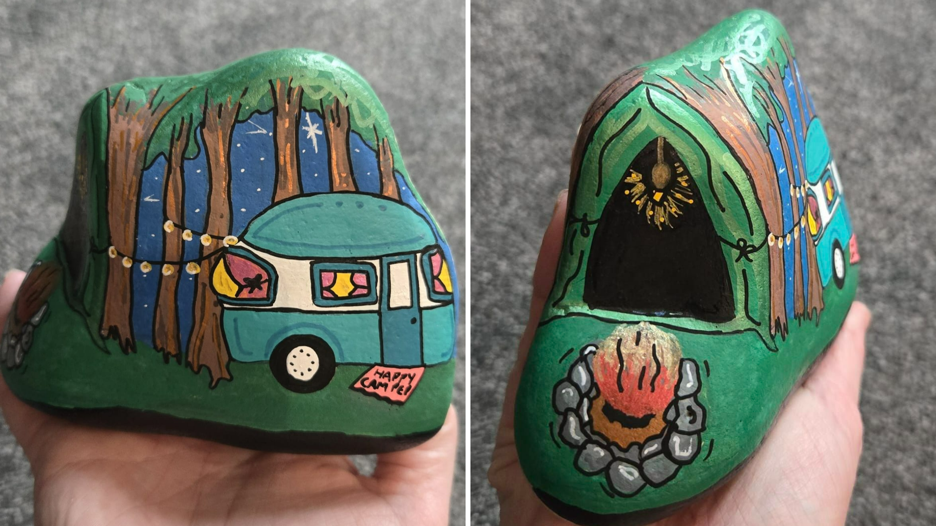 The images shows two angles of a rock with a campsite scene painted on it. There is a campfire, trees and a campervan.