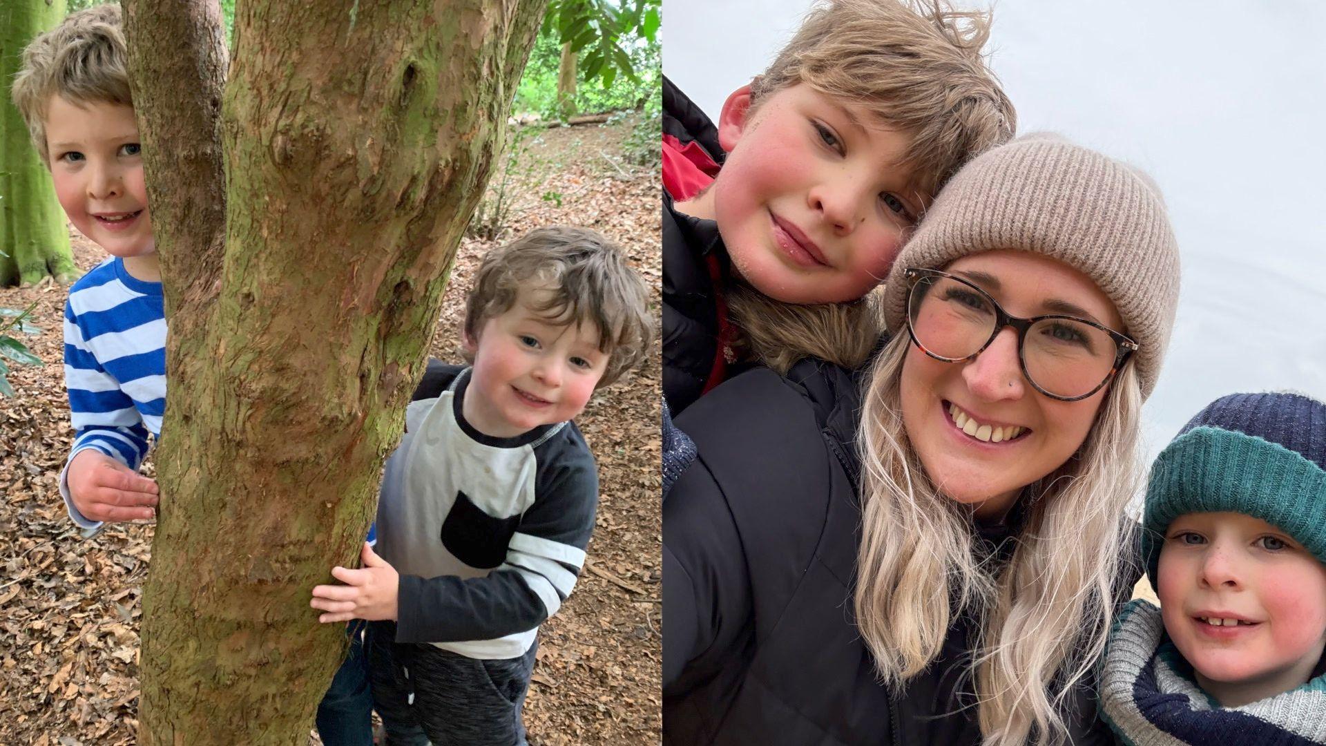 Lauren Jakes with her two boys who were aged 5 and 2 at the start of the pandemic, but are now aged ten and 7. In the first picture they are peeking out from behind a tree and are grinning at the camera, in the second picture they have their arms around their mother in the winter.