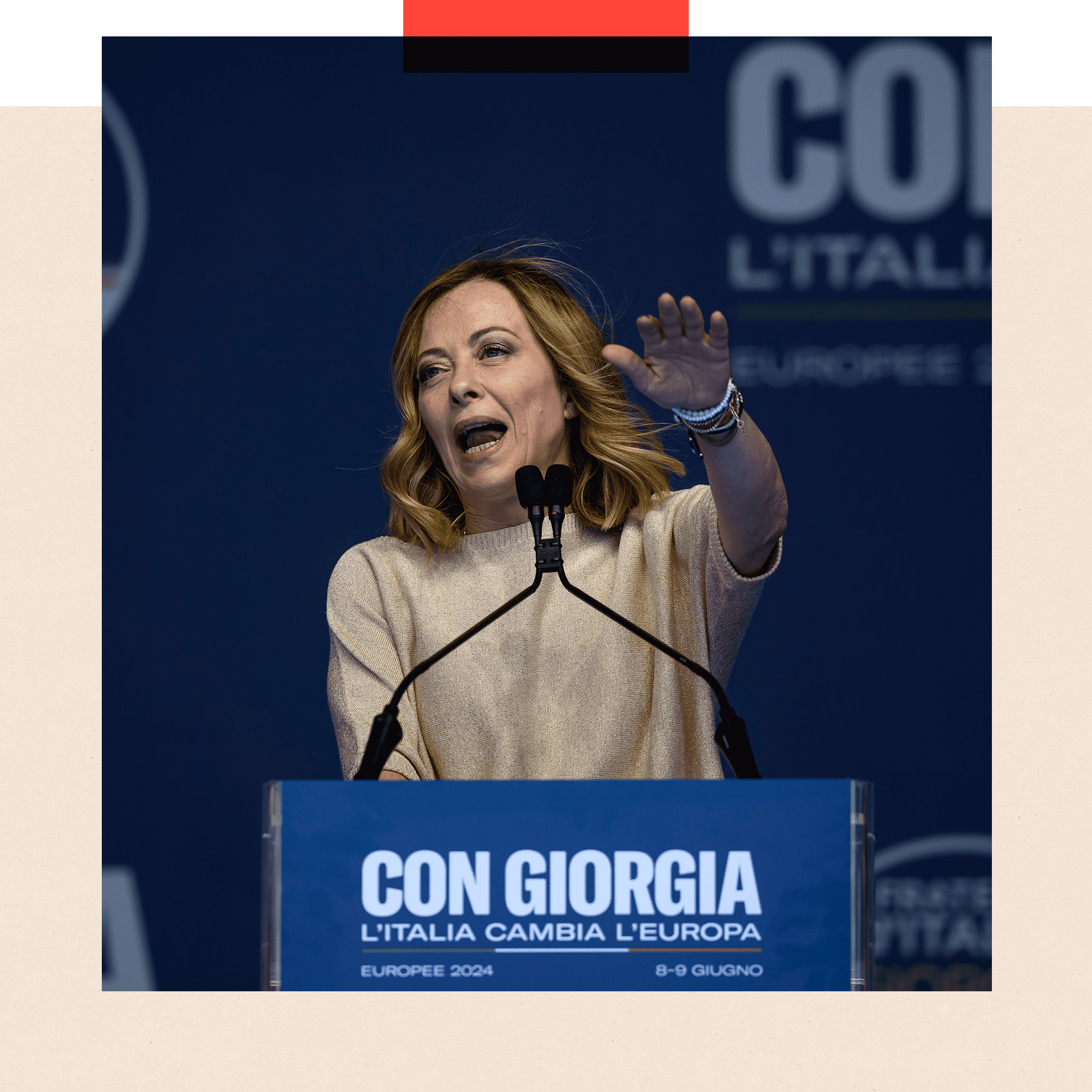 Italian Prime Minister Giorgia Meloni delivers a speech ahead of the 2024 European Parliament elections