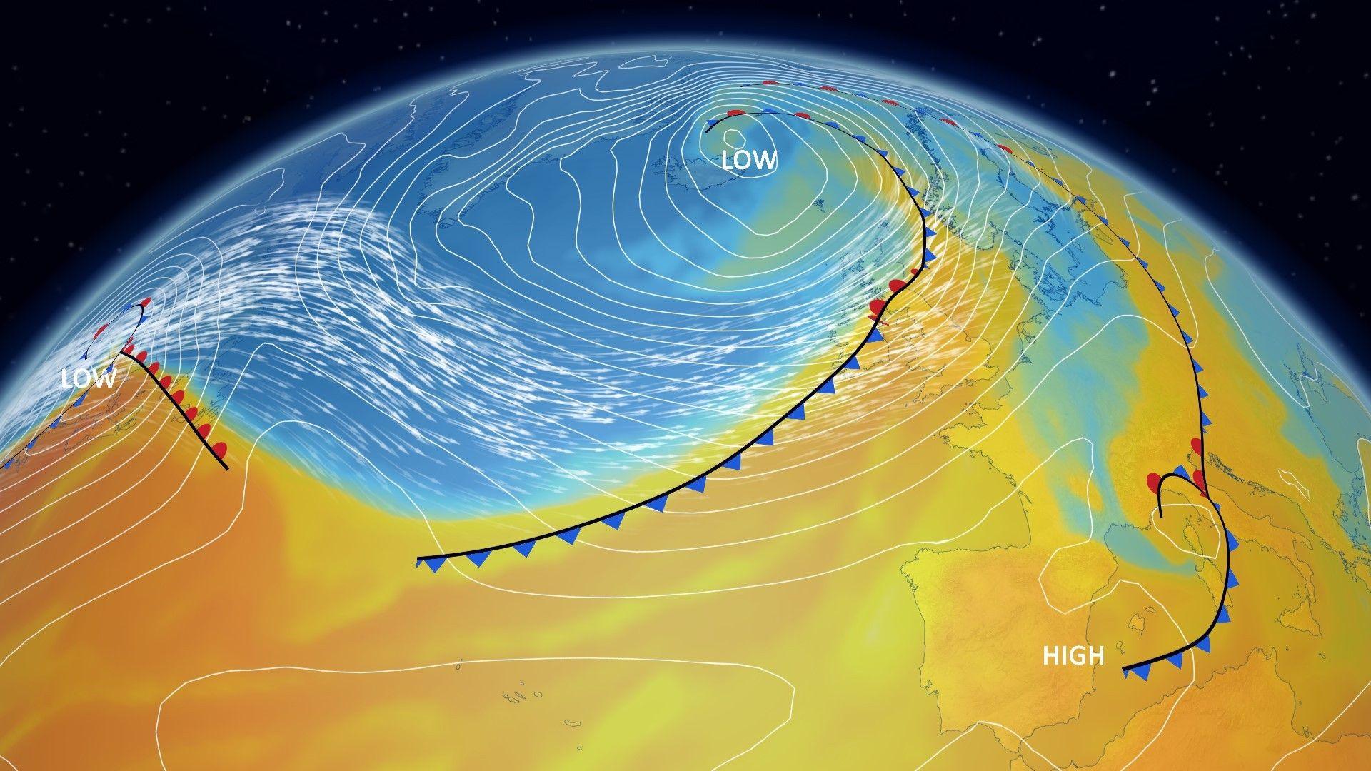 Map of the Atlantic, UK and Europe showing the colder air, shown in blue in the north, moving south to replace the milder Atlantic air.