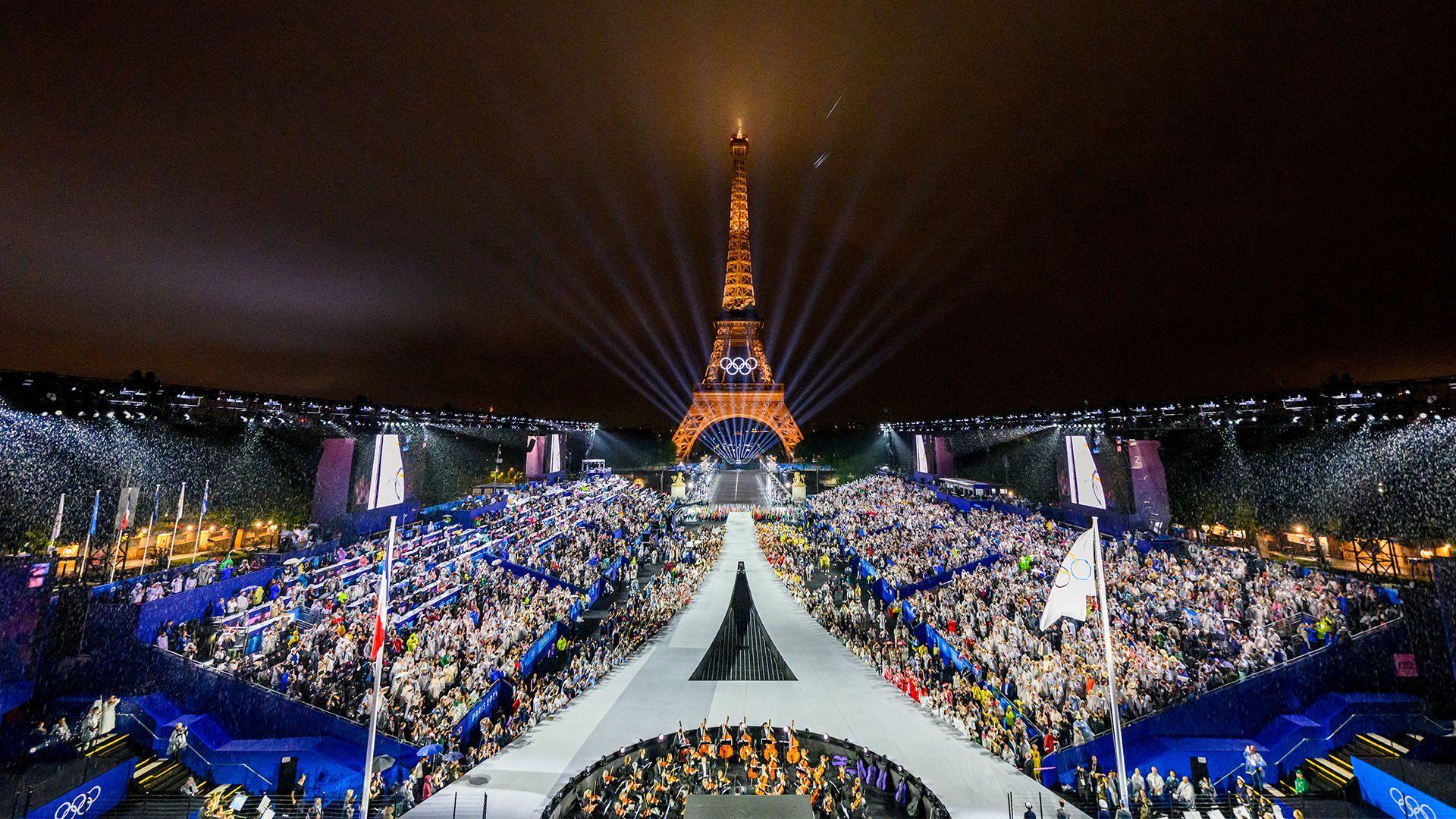 The Eiffel Tower with the Olympic Ceremony crowd and stage in front