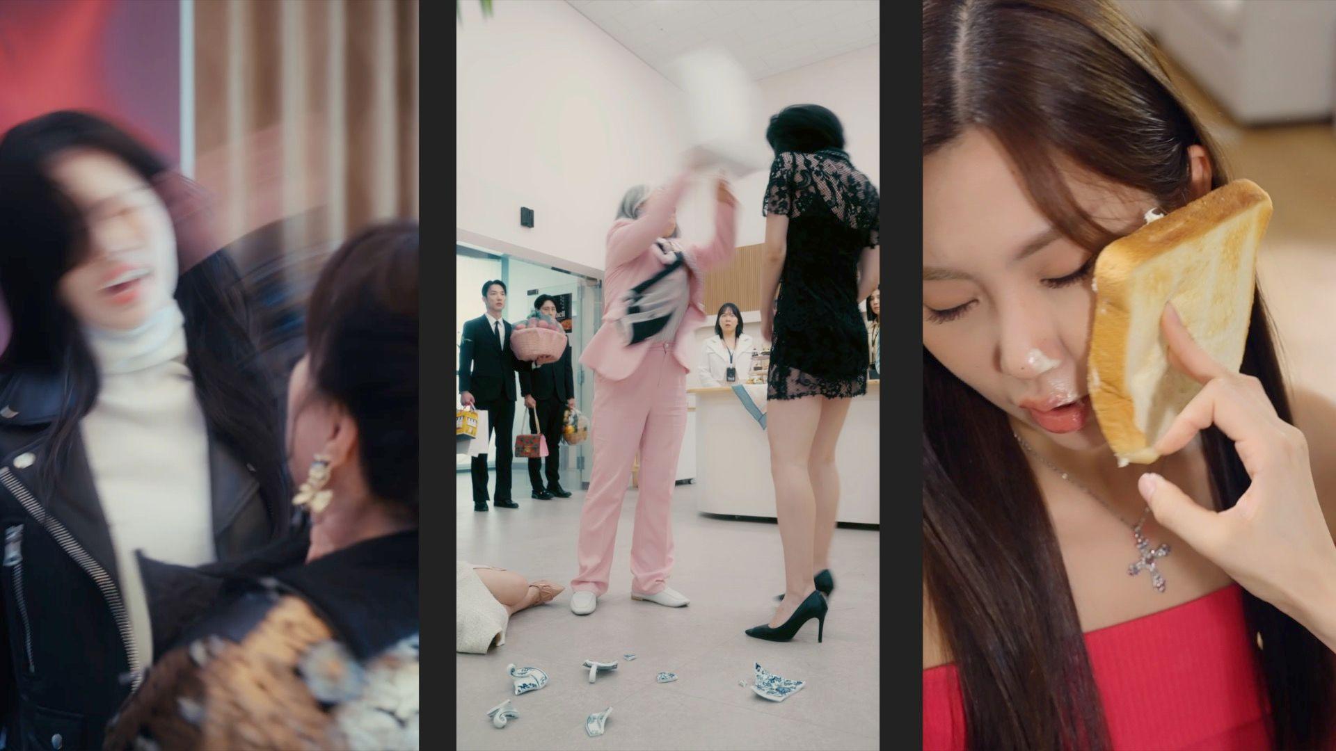 A composite image of three vertical shots showing dramatic slapping scenes in South Korean microdramas