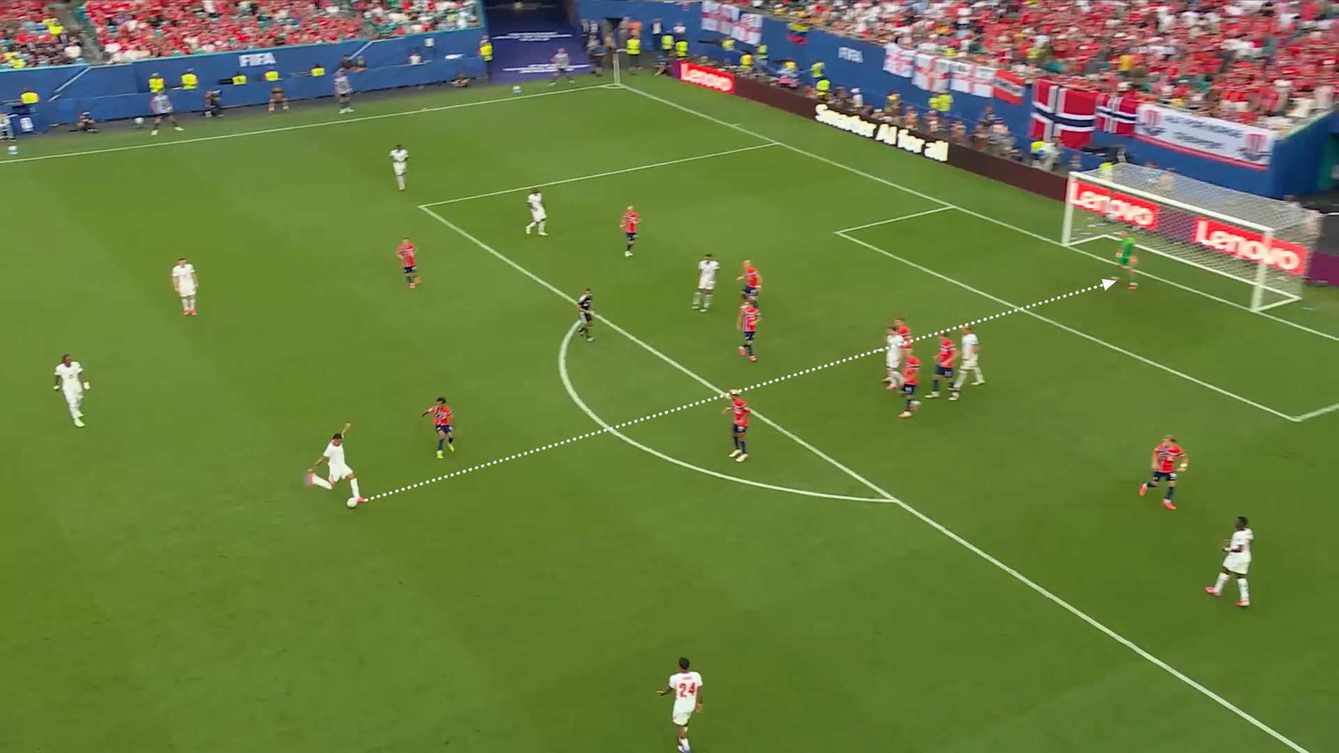 Screen grab from England vs Norway showing Rogers shot leading to Bellingham's second goal.