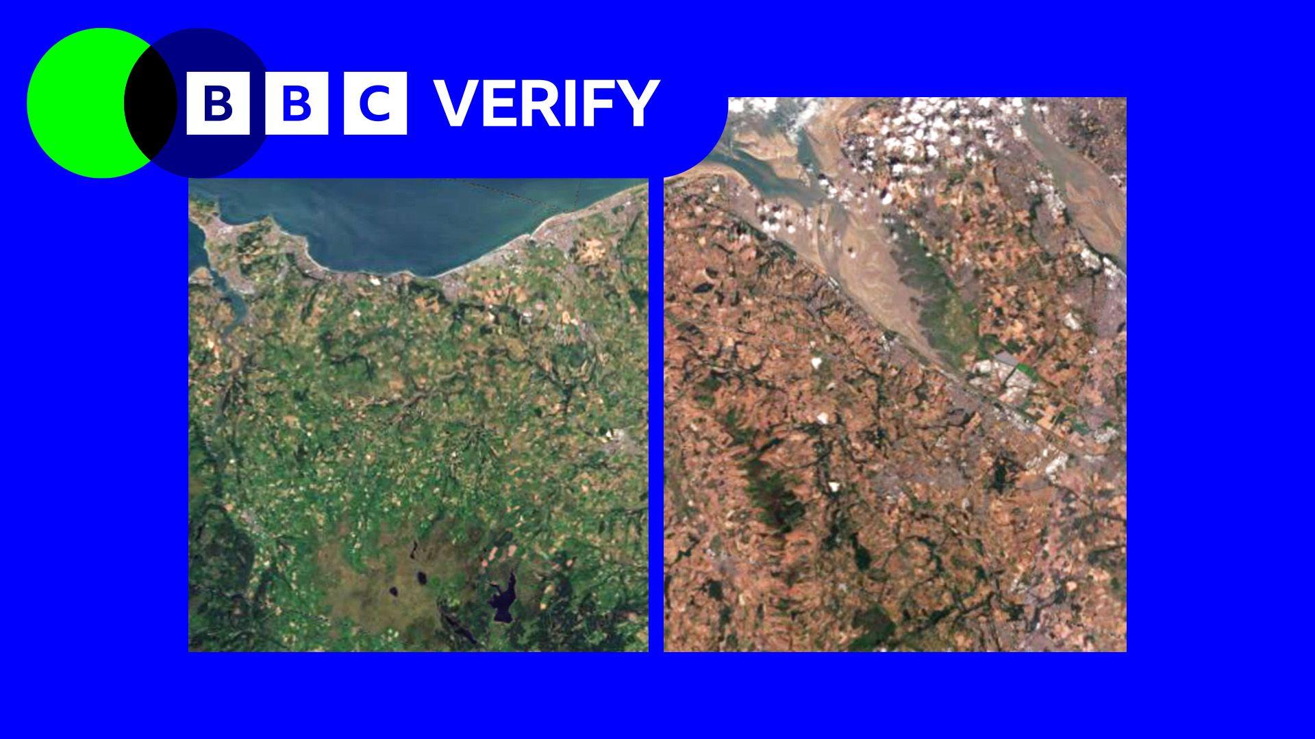 Side-by-side satellite images of north Wales and Merseyside, the left image is very green and the right is mostly brown