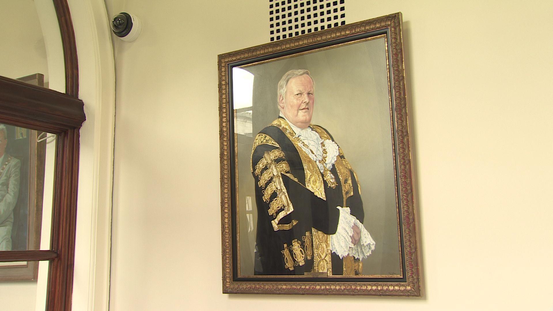A portrait of former Belfast Lord Mayor Lord Browne on display at Belfast City Hall

