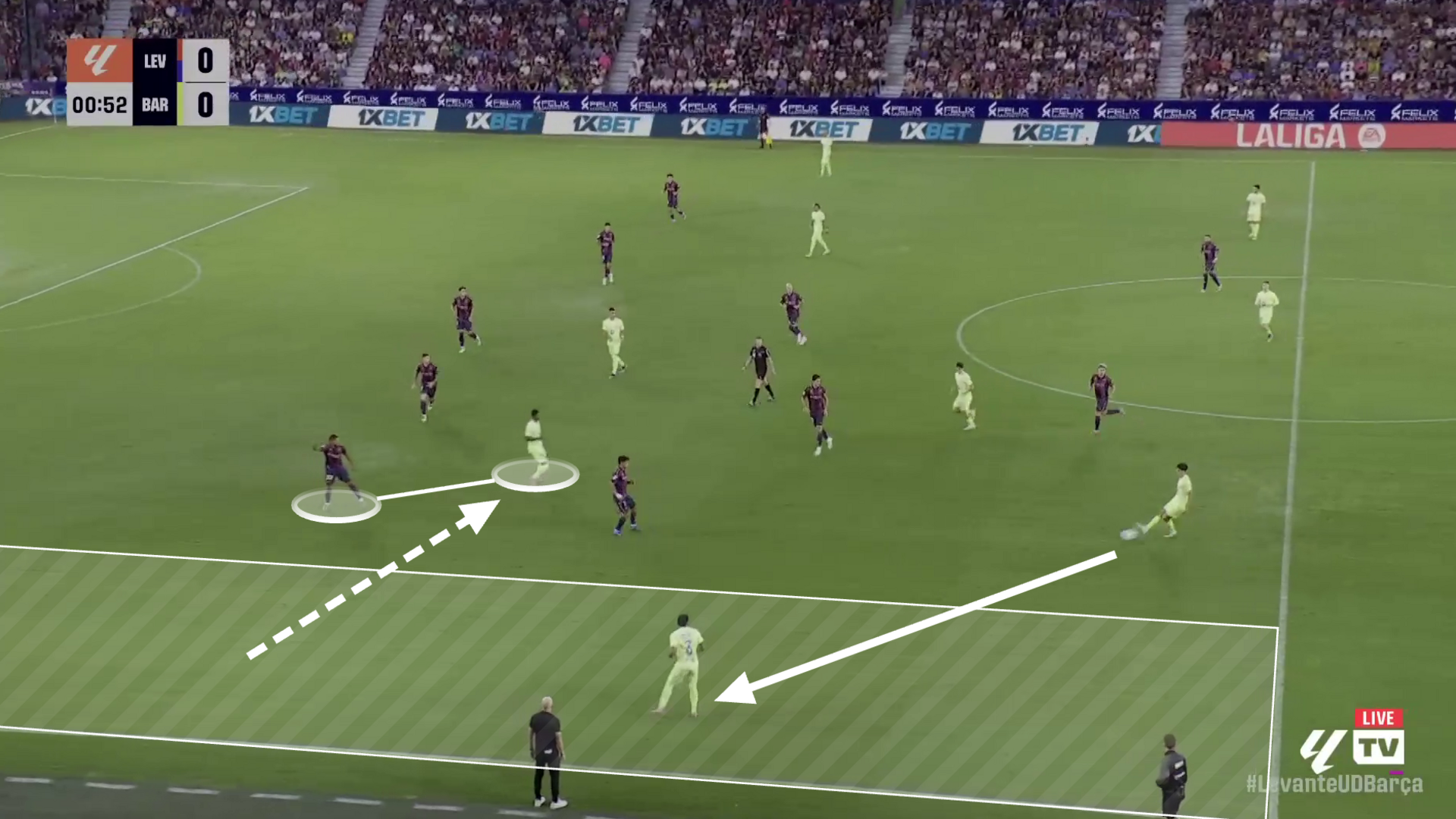A screengrab showcasing Rashford inverting into the centre of the pitch dragging his fullback with him which makes space in the wide areas for Barcelona's fullback to exploit.