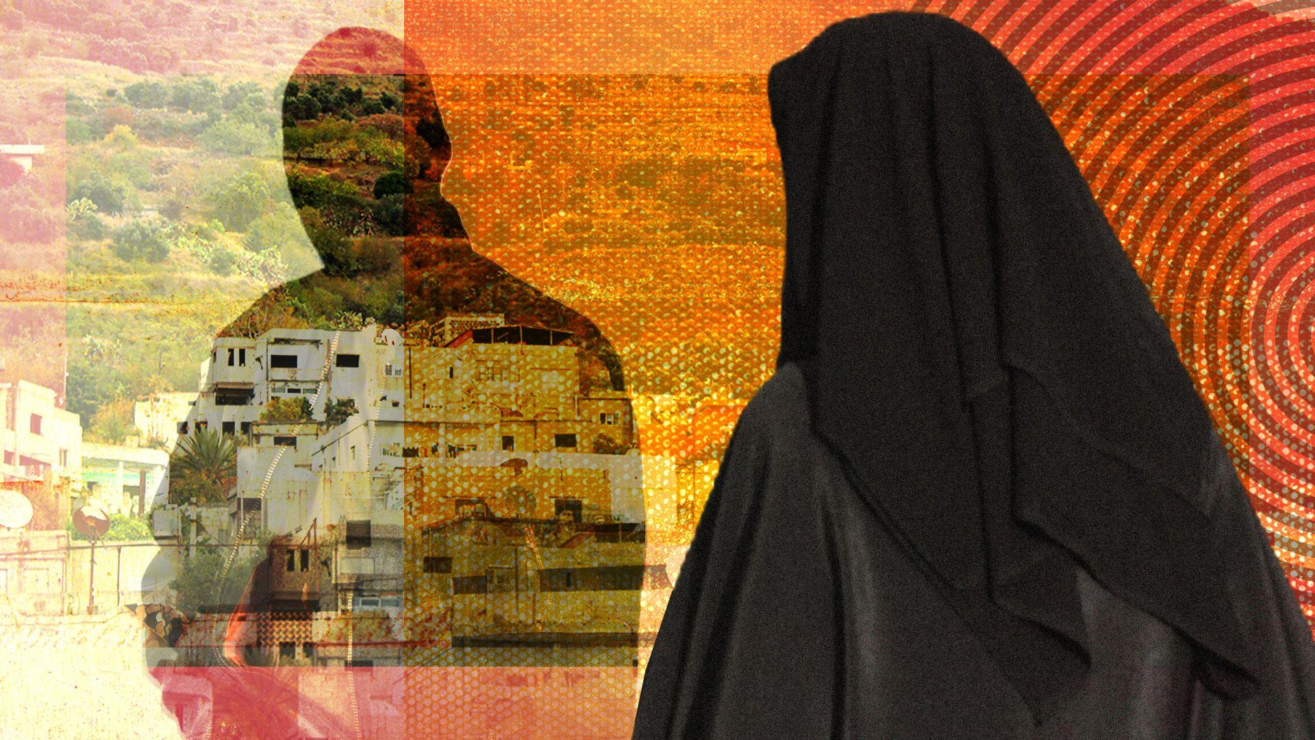 Designed collage image showing a woman in a black niqab against a background of Syrian buildings and hillside - her face is not visible. Behind and to the left of her is the silhouette of a masked man.