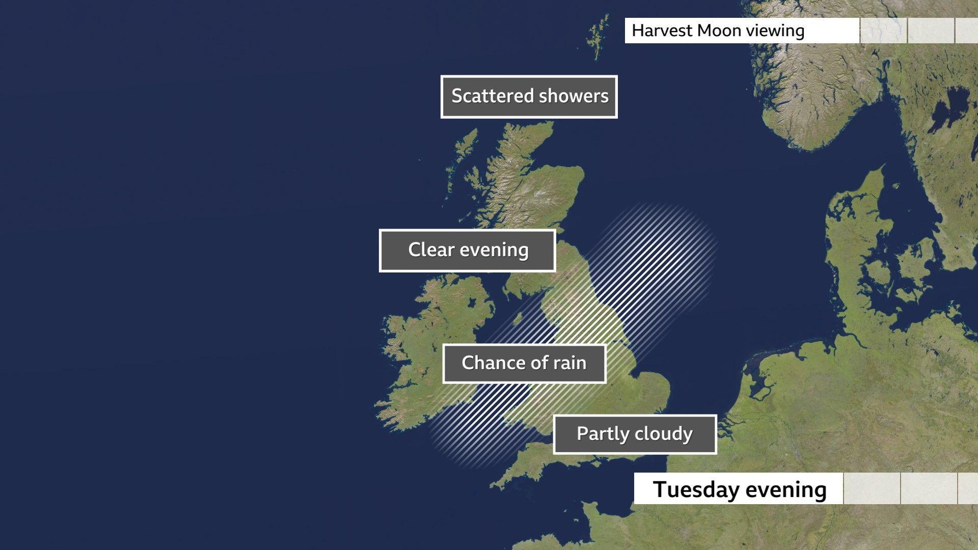Map of UK split into various parts showing forecast weather conditions. Scotland and Northern Ireland with a clear evening. North of England to the Midlands and Wales, cloudy with a chance of rain. Rest of England, partly cloudy.