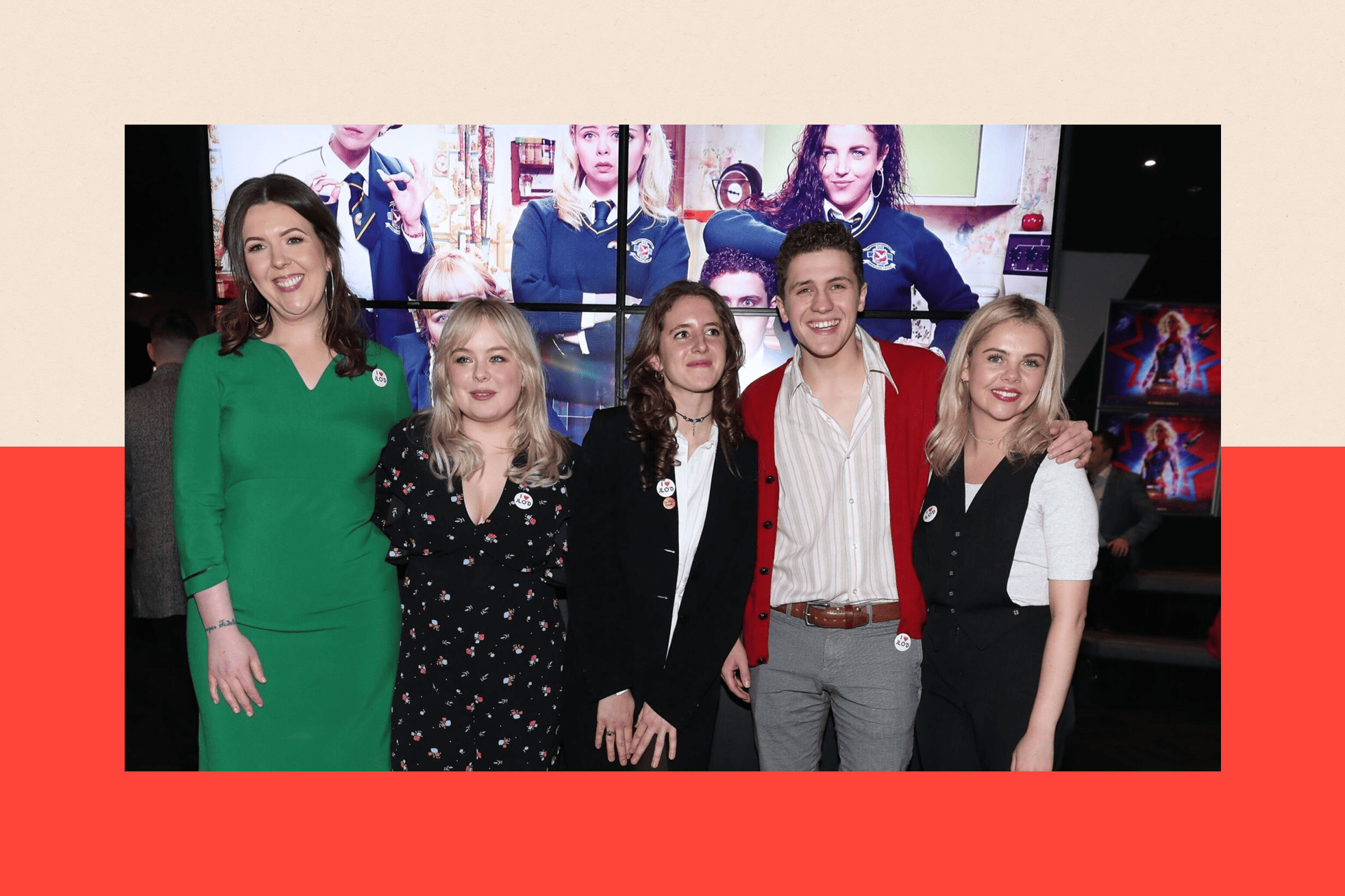 Cast of Derry Girls with the writer of the show