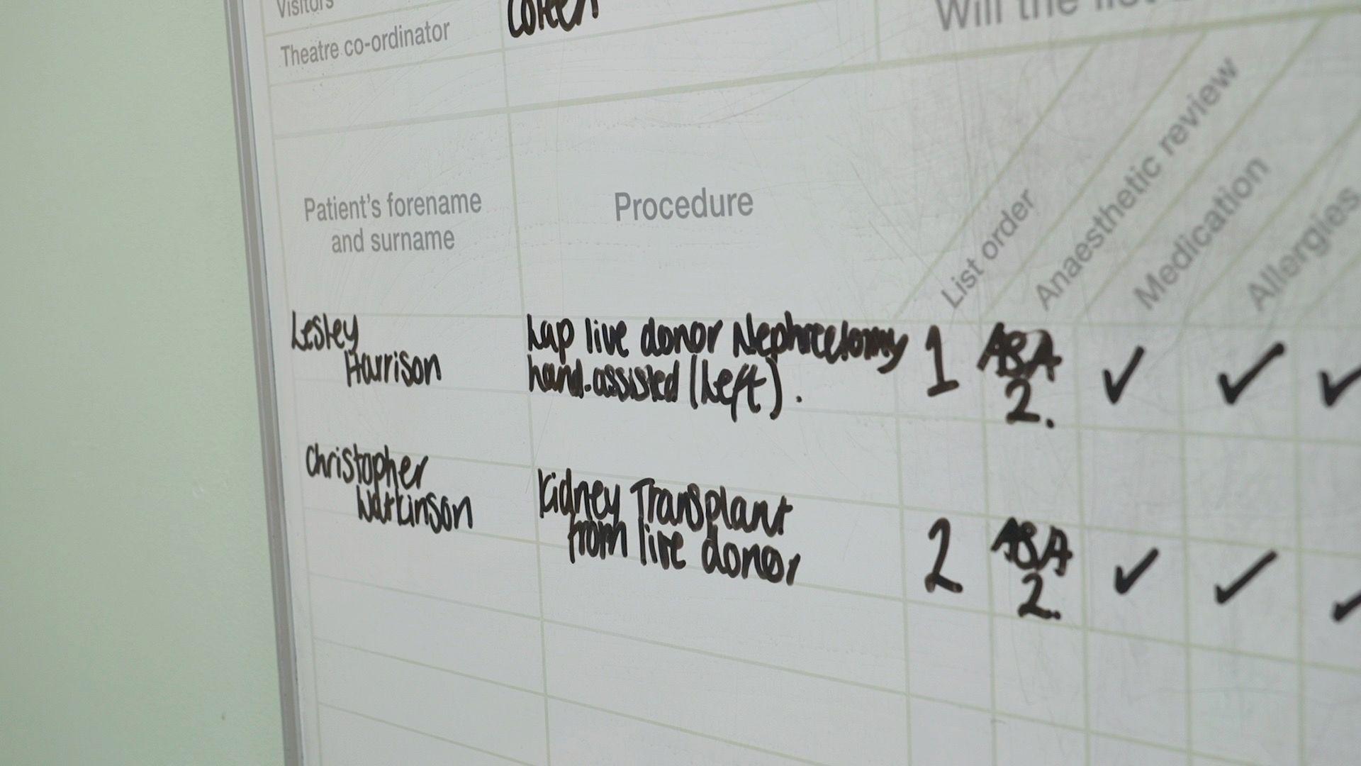 A hospital whiteboard with Lesley and Chris's names and what procedure they're having done