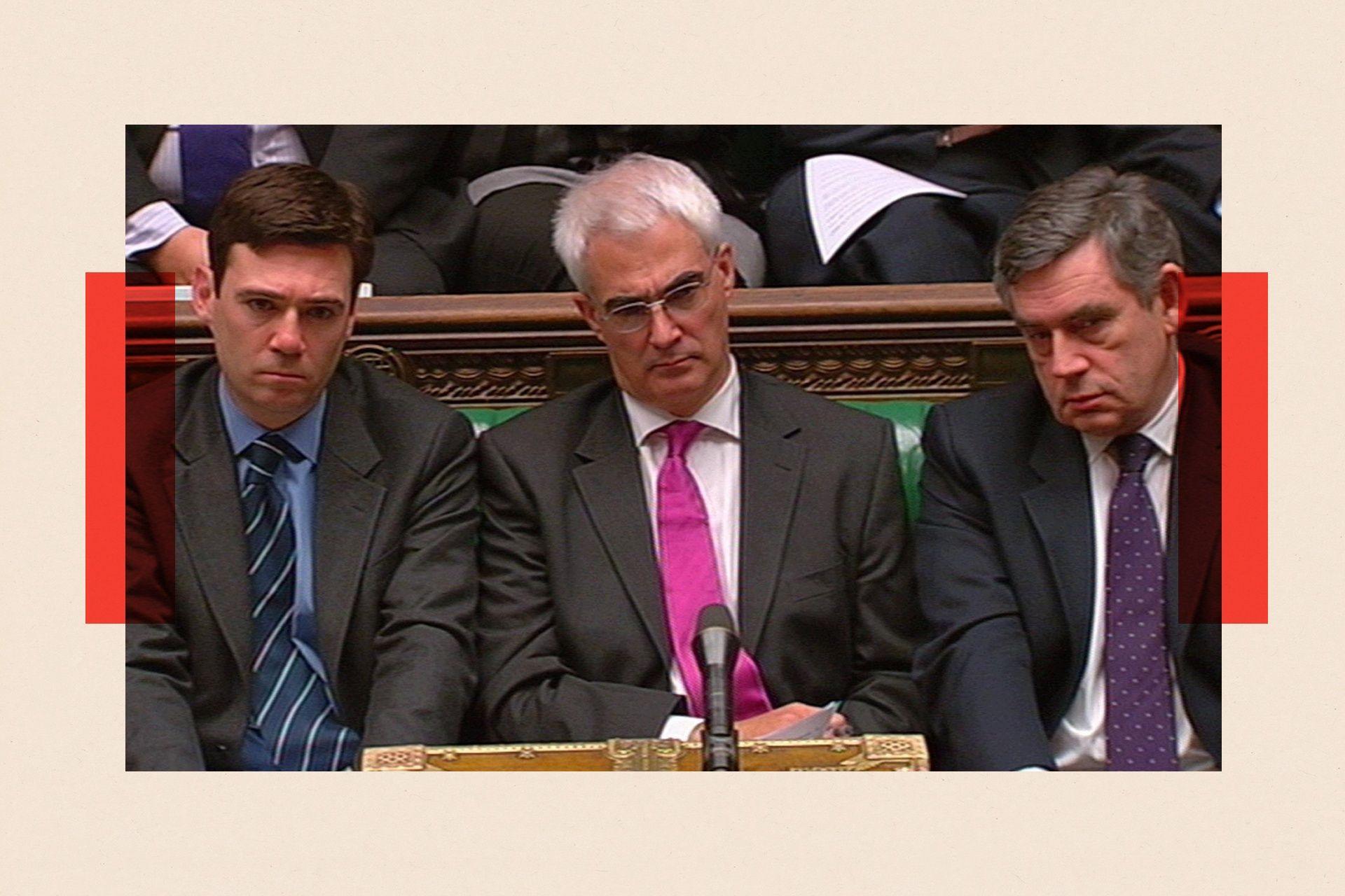 Former chief Secretary to the Treasury Andy Burnham (left), former Chancellor of the Exchequer Alistair Darling and the former Prime Minster Gordon Brown sit together in the House of Commons