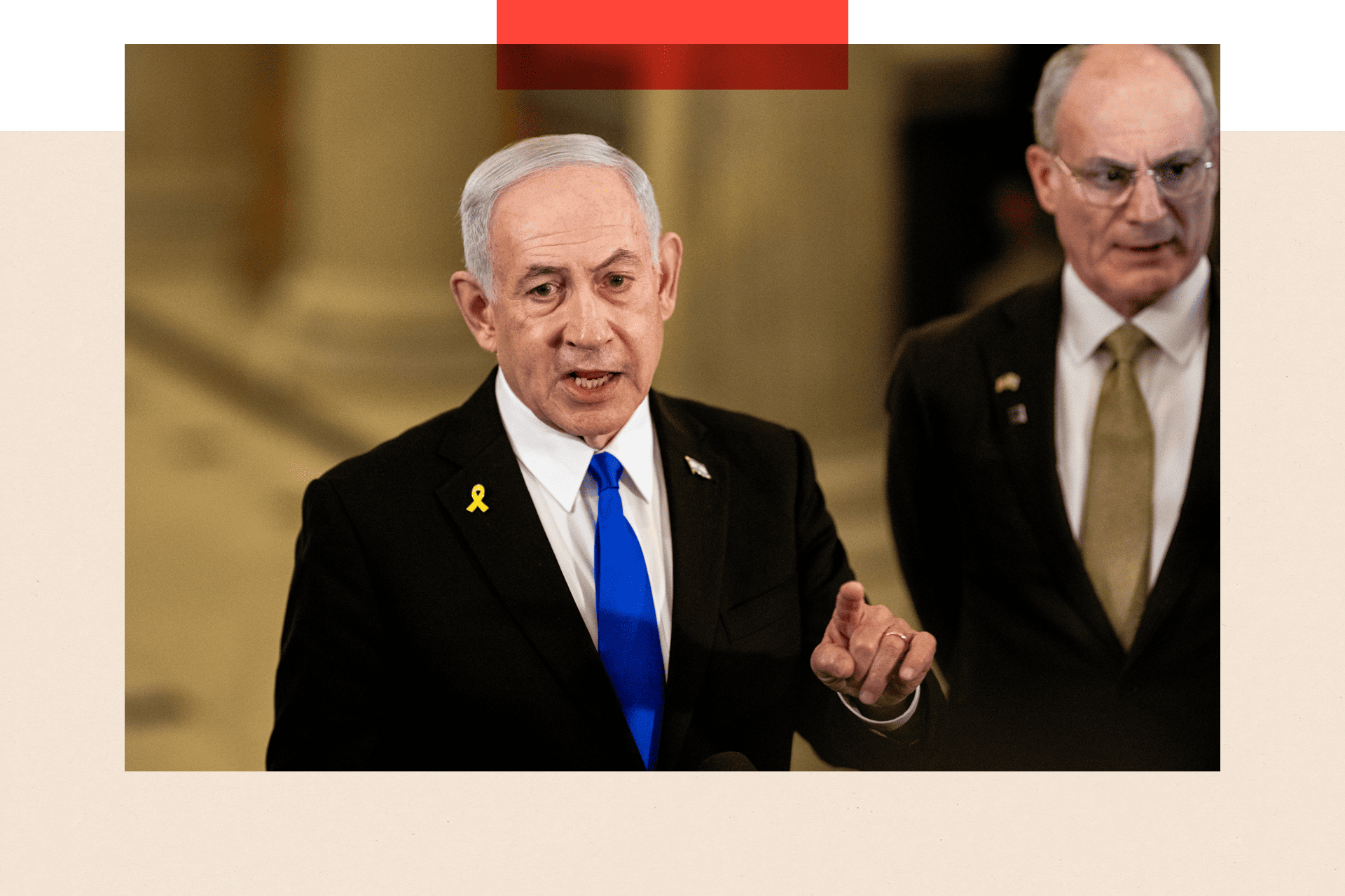 Benjamin Netanyahu talking following a meeting with US House Speaker Mike Johnson 