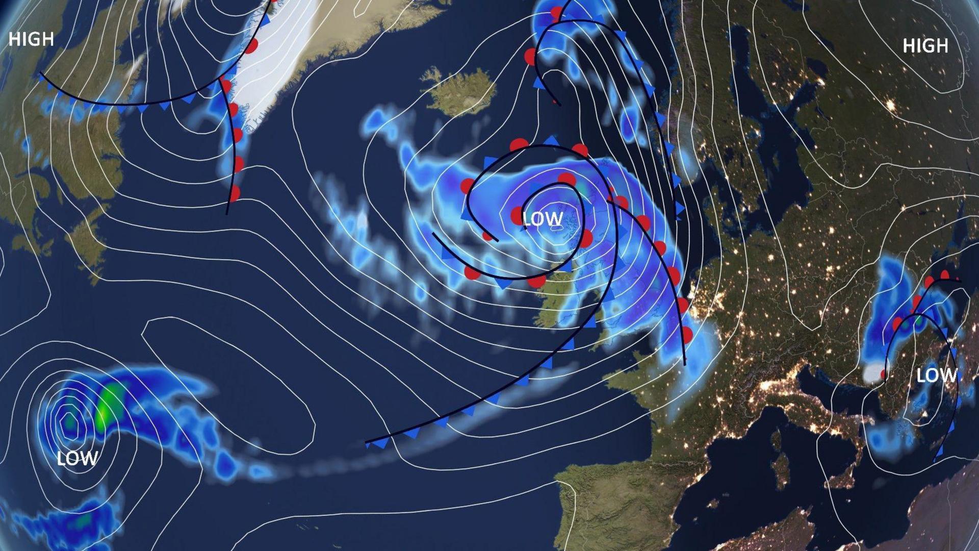 A weather chart showing the storm arriving in the UK. The chart has isobars and a large blue blob showing rain.