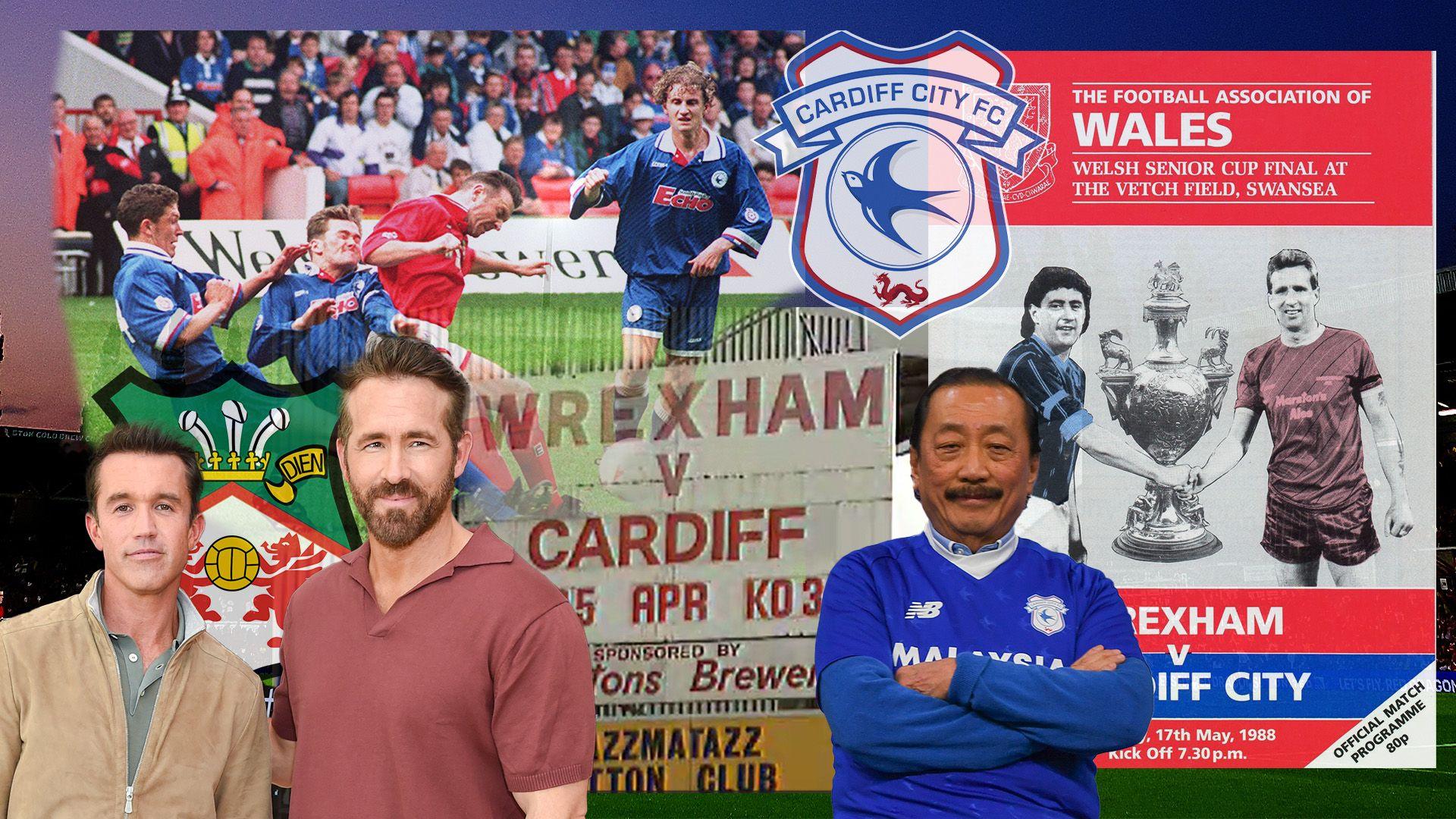 Composite image includes action from 1995 Welsh Cup final, cover of 1988 Welsh Cup final programme, Wrexham owners Rob McElhenney and Ryan Reynolds and Cardiff City owner Vincent Tan