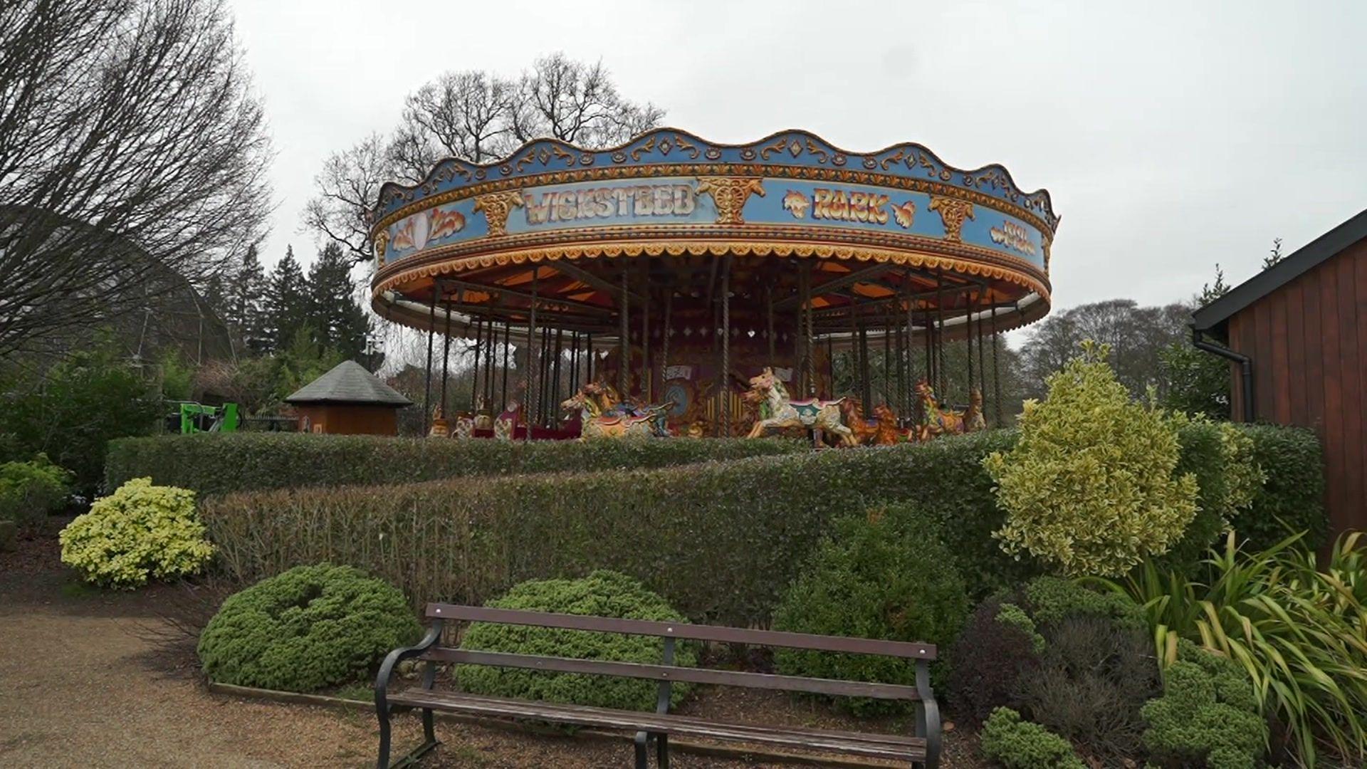 A carousel with horses on poles behind hedges, shrubbery and a bench