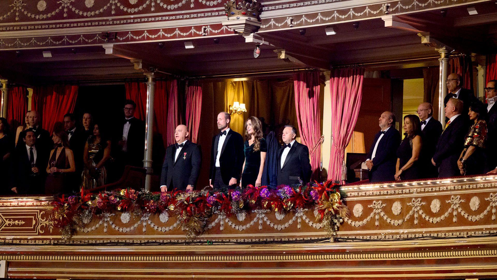 (left to right) Giles Cooper OBE, Their Royal Highnesses Prince William and Catherine Princess of Wales and Phil Dale in the royal box at the Royal Albert Hall for the Royal Variety Performance 2025, in London on 19 November 2025.