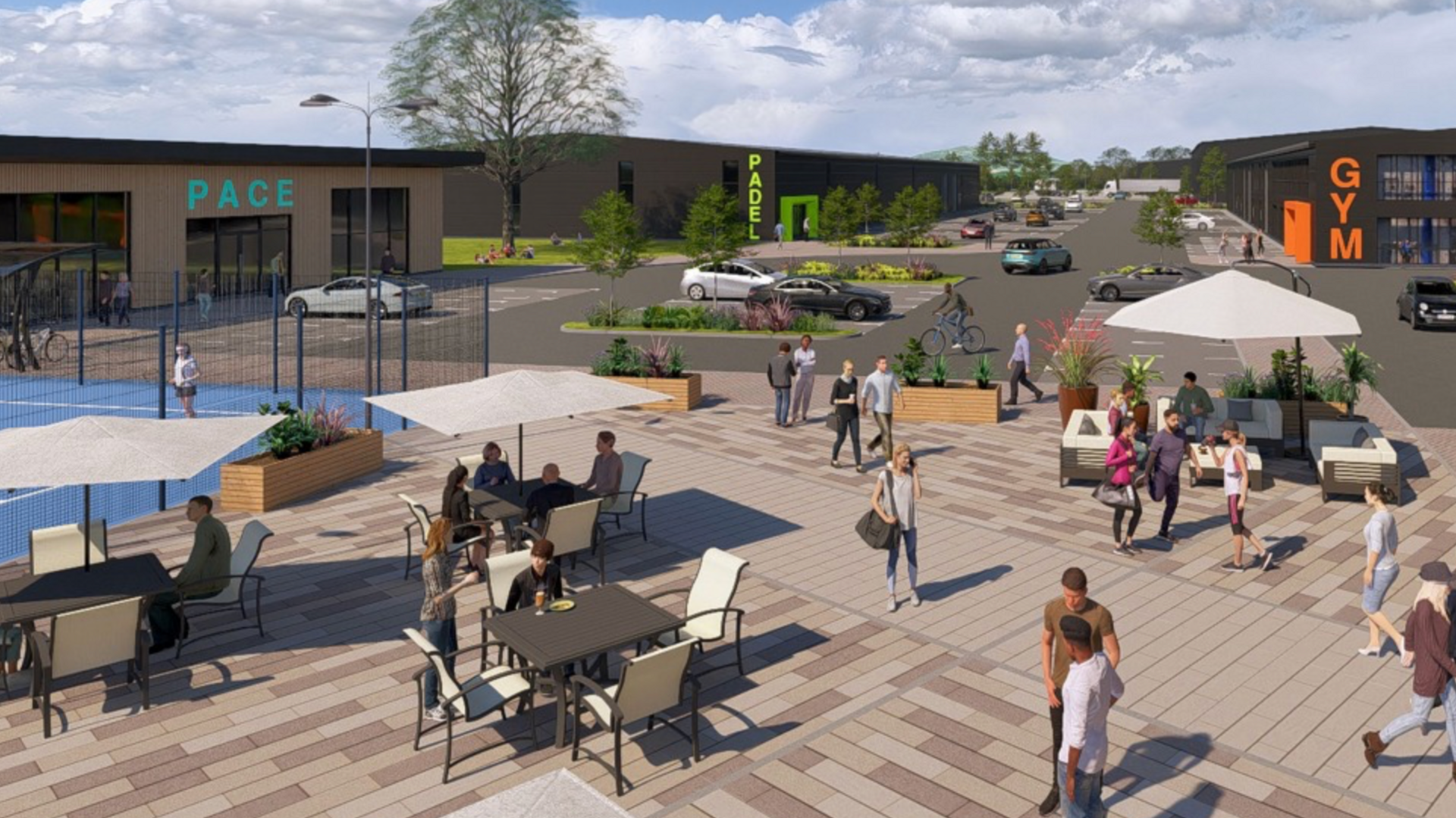 Plans for a new site. Animated image of people sat around tables with a tennis court and car park.  There are three dark buildings called Padel,Cafe and Cafe. 