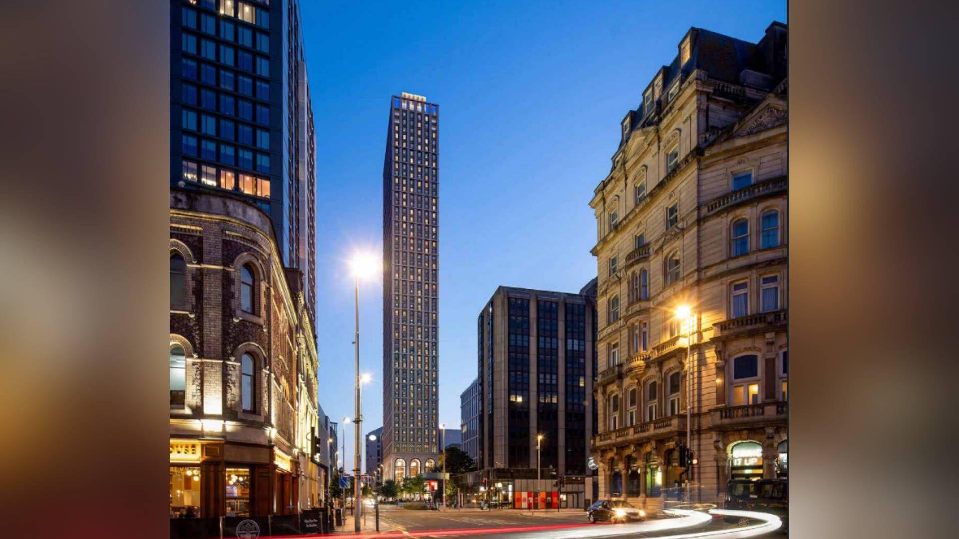 Visualisation of the 50-storey planned proposal in Central Sqaure, Cardiff city centre. A large sky scraper can be seen glowing along wood street during dusk.