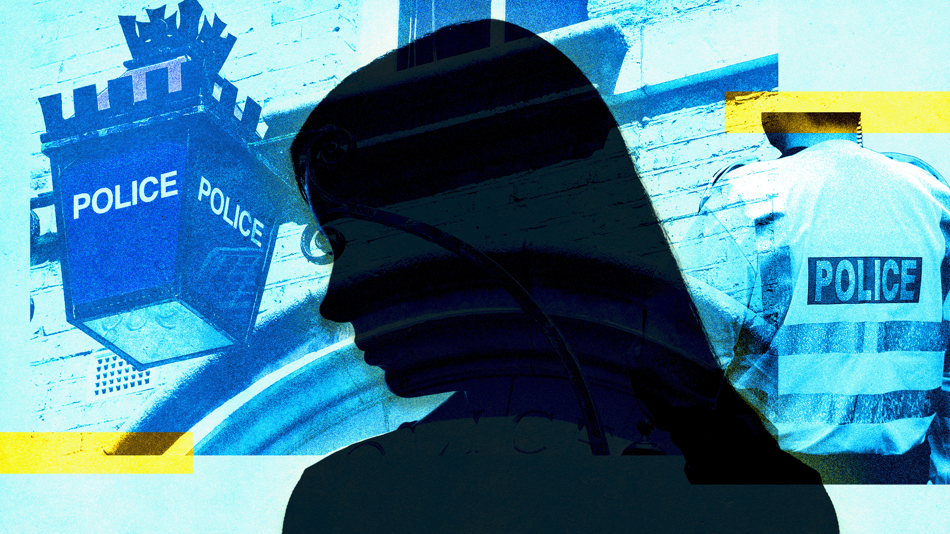 A composite image showing a woman's profile in silhouette with a backdrop in blue showing a police lantern outside a station and the back of an officer wearing a high-vis jacket.