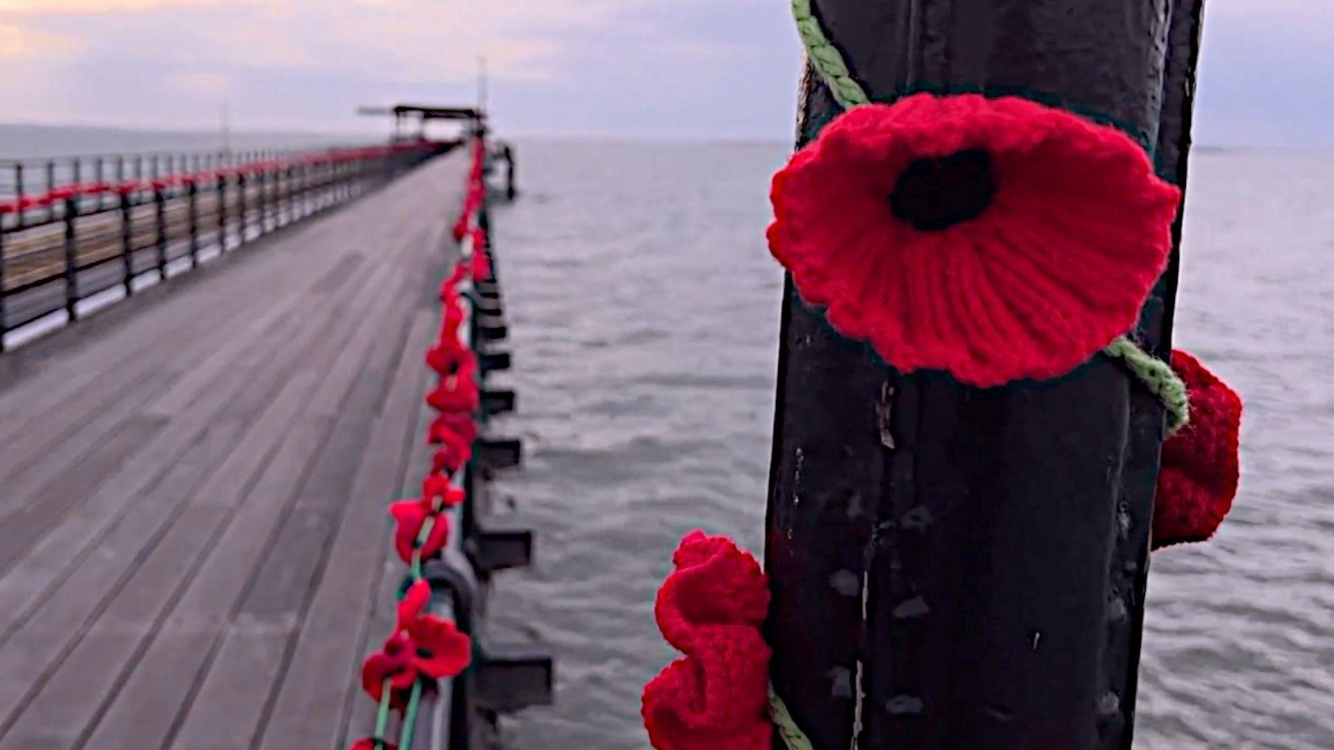 Poppies lining Southend Pier.
