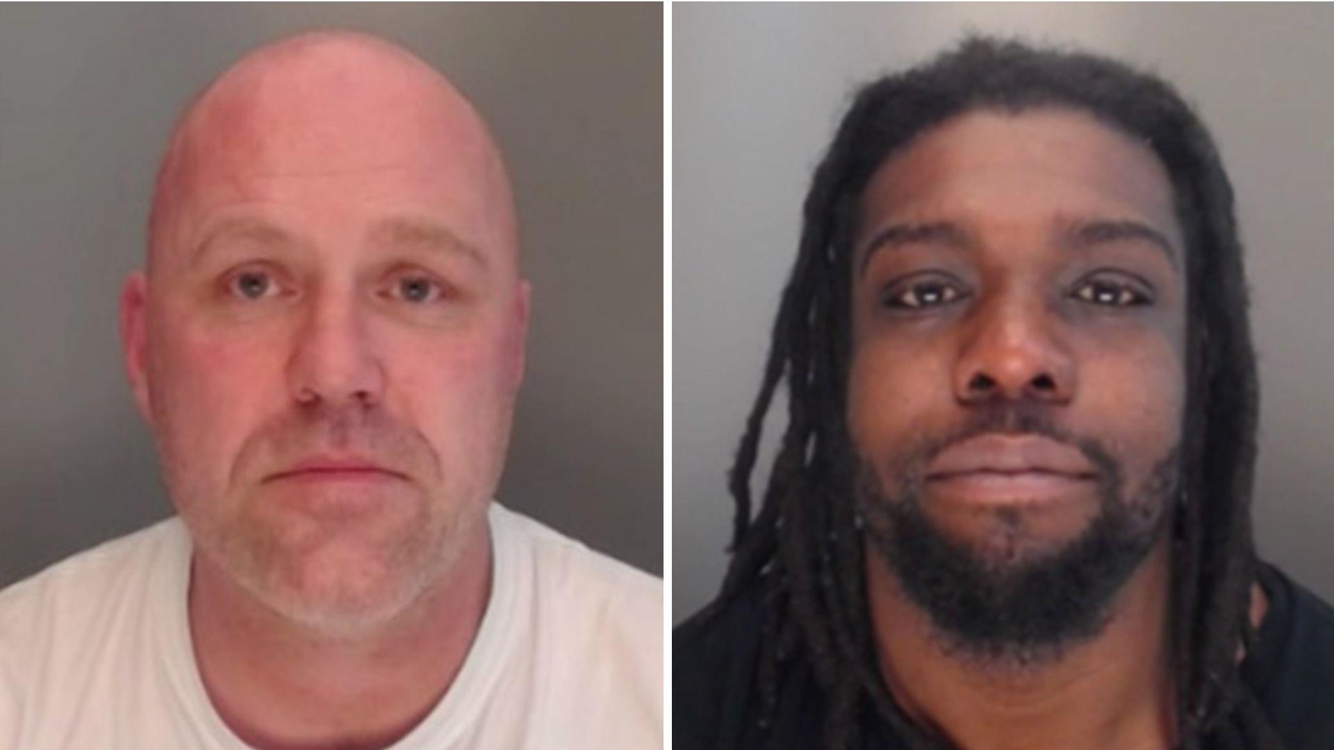 Mugshots of Paul Lamb and Trelawny Brown. Lamb has a completely shaved egg-shaped head with faint stubble of a beard. Brown has long black dreadlocks and a short thick black beard.