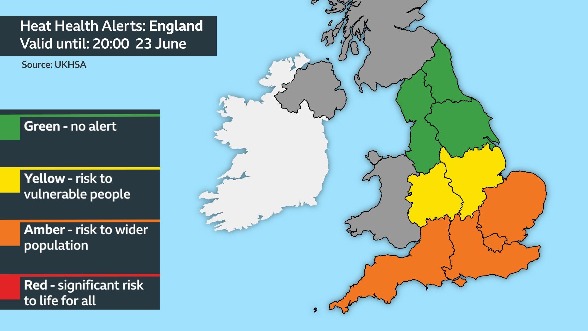 Map of England divided up into regions: North East, North West, Yorkshire and Humber coloured green where no alert is in place; West and East Midlands showing yellow level of alert; then the south-west, south-east and London showing higher tier amber alerts