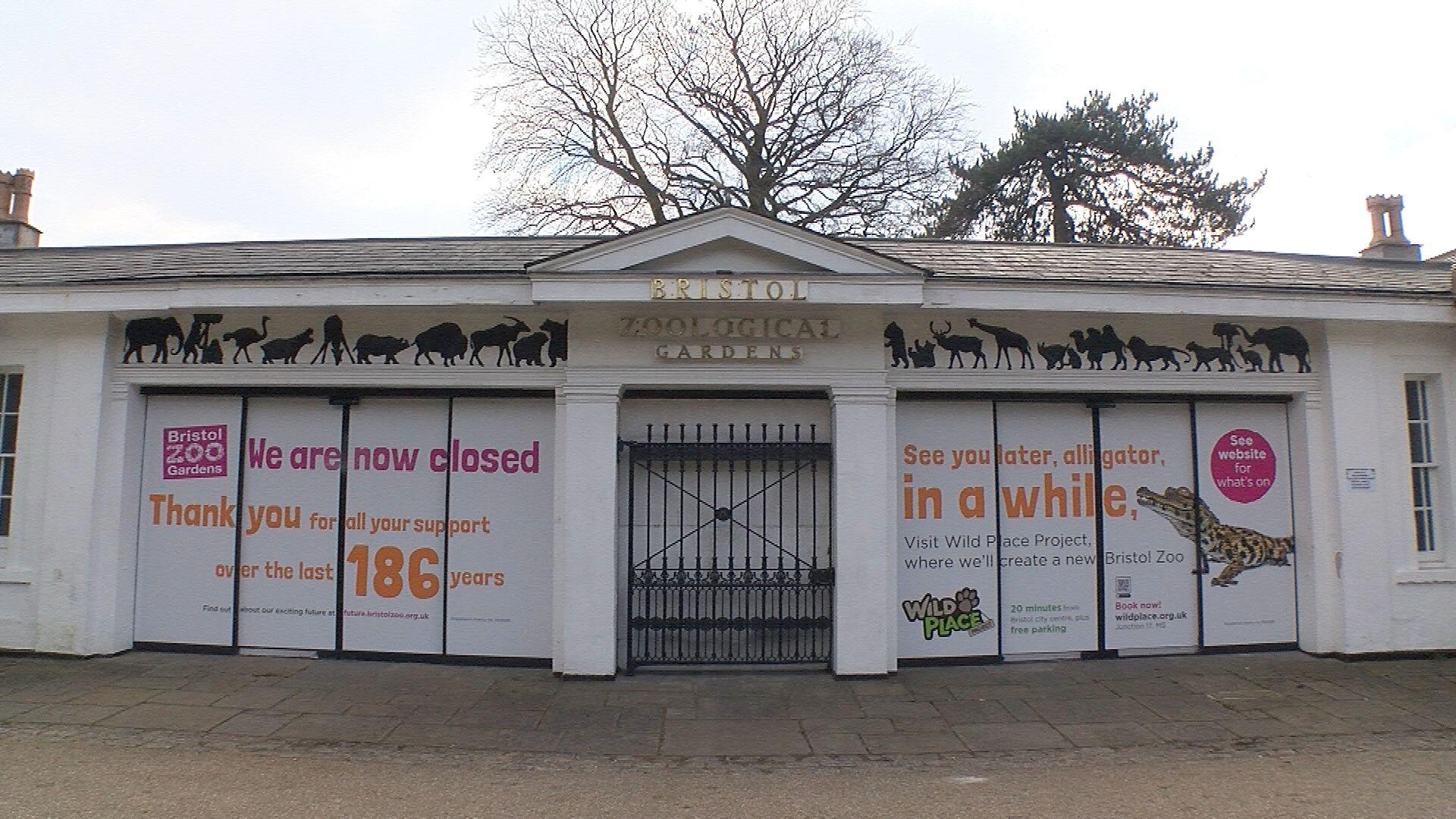 The closed ticket office at Bristol Zoo Gardens' former site in Clifton, with signs saying "we are now closed"