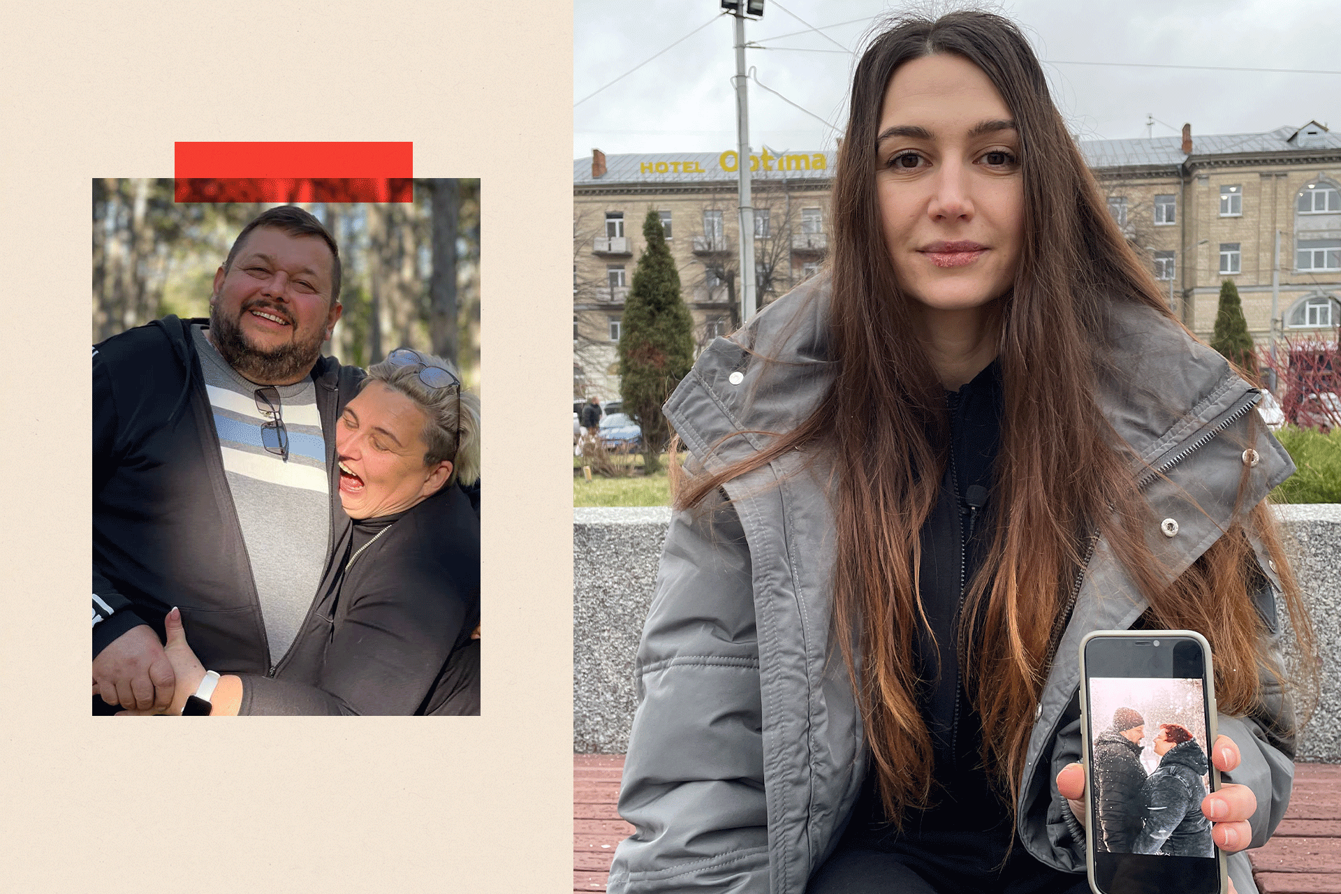 Two images: The right is Lyudmila with a photo of parents on phone and the left shows Oleh and Tetiana Plachkov