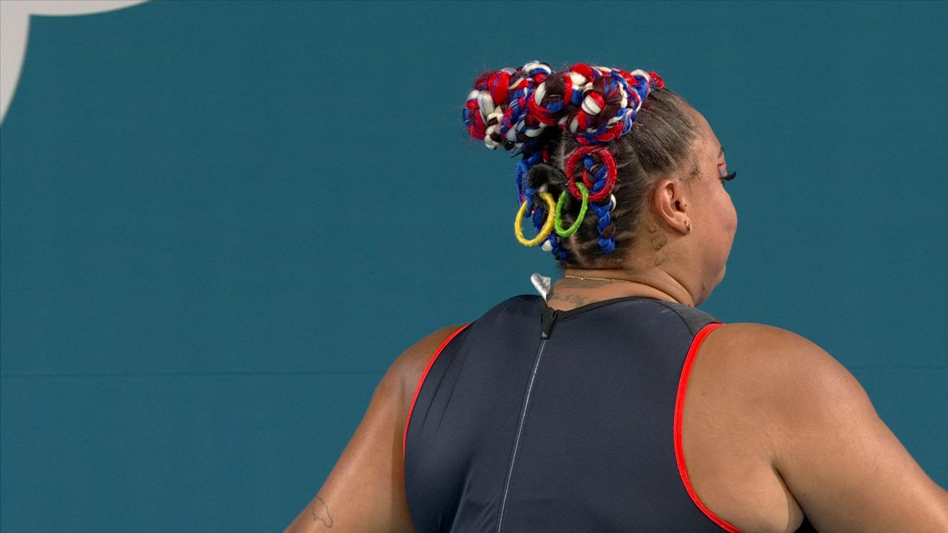 Emily Campbell's red, blue and white hair with the Olympic rings