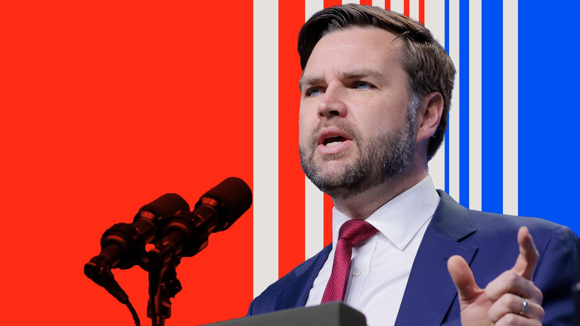 Design image of JD Vance wearing a blue suit and red tie standing in front of a microphone with red, white and blue stripes in the background