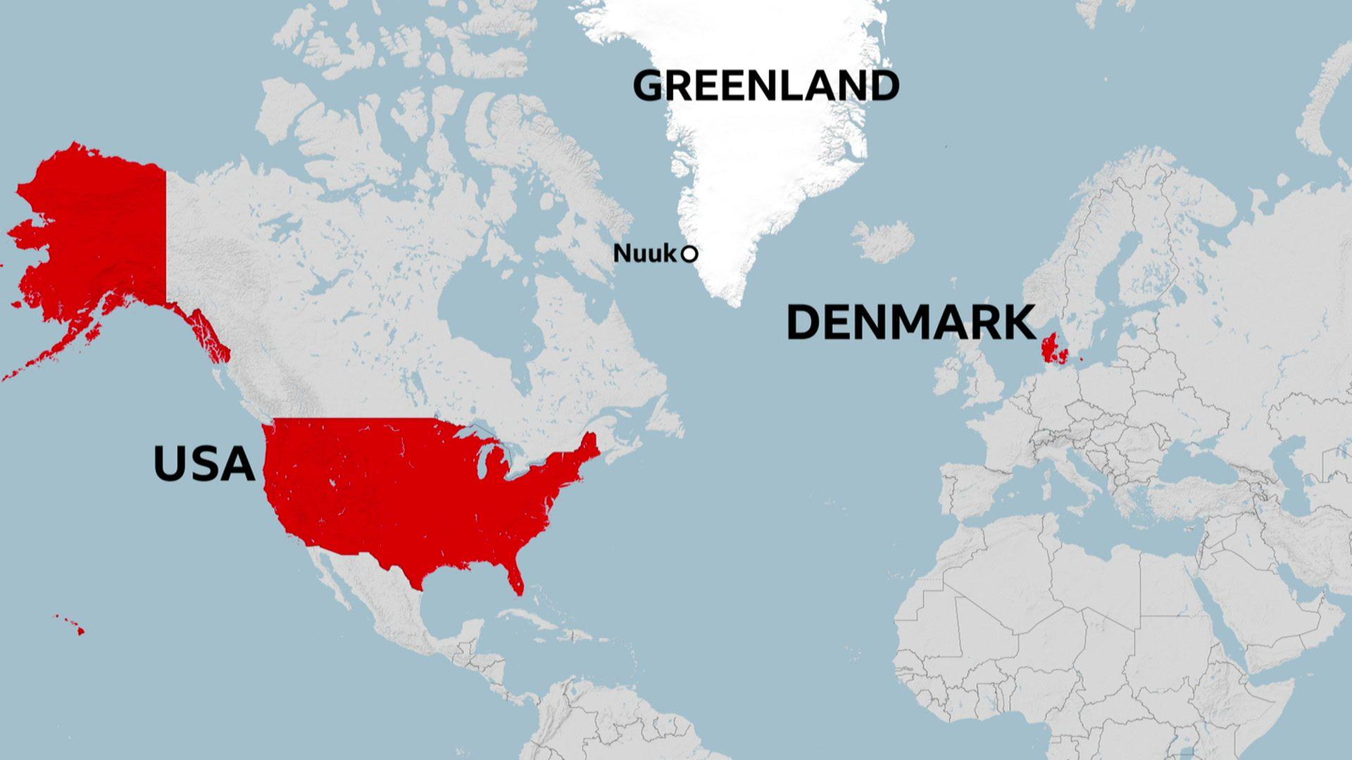 A map showing Denmark, USA and Greenland.