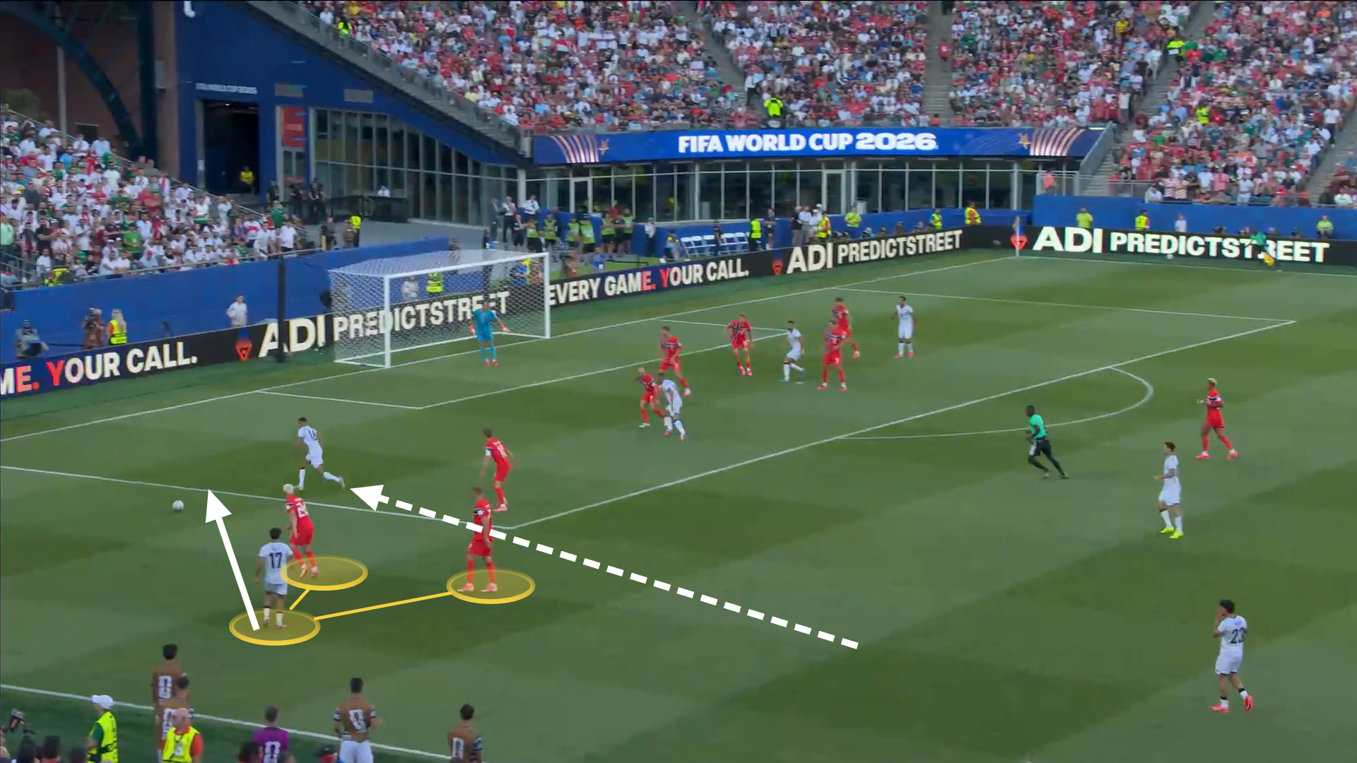 A screen grab of Iraq’s wide play in the lead up to their goal against Norway. 