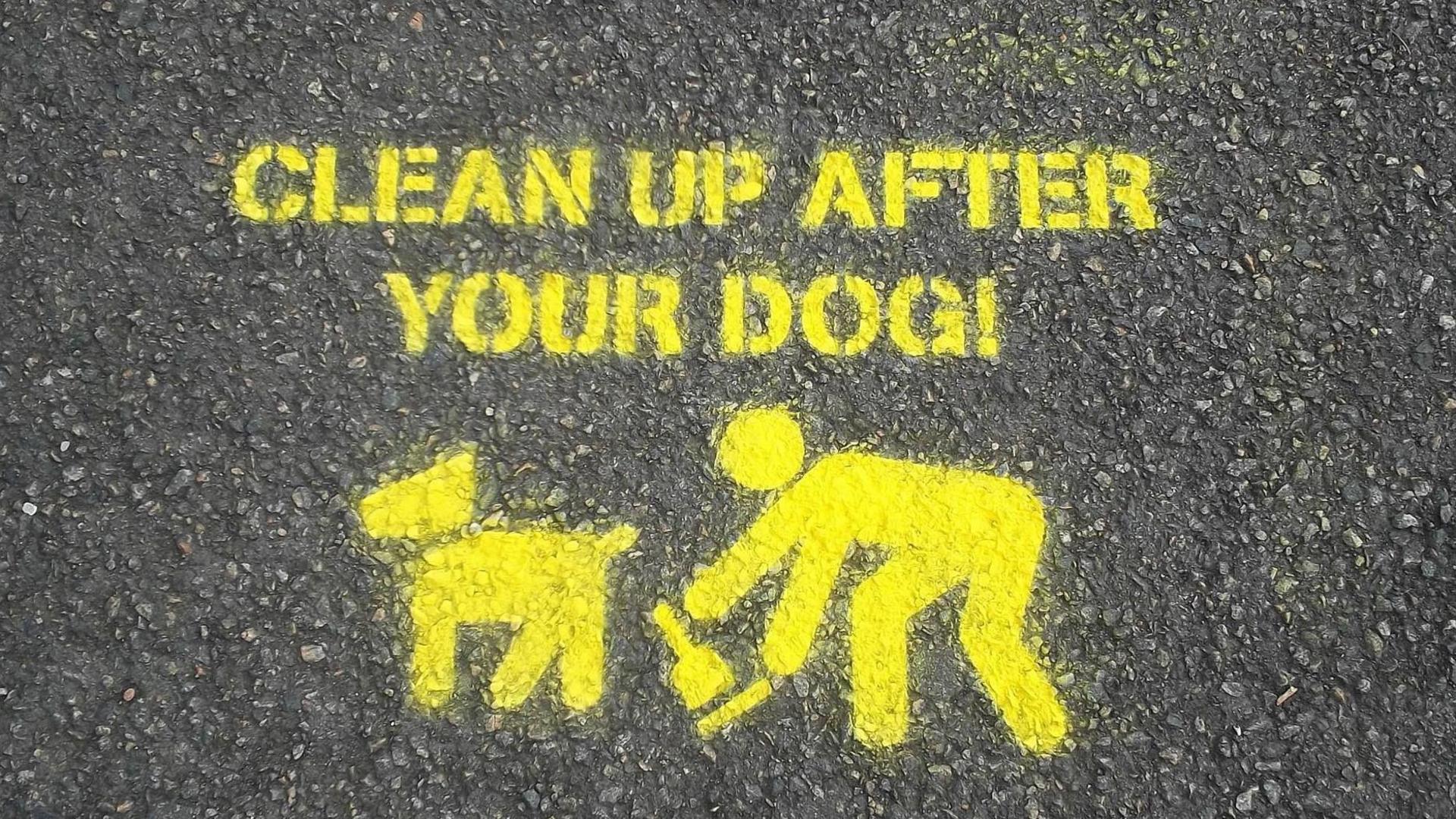Steansail buidhe air cabhsair ag ràdh Clean Up After Your dog le dealbh de neach a' togail salachair an coin 