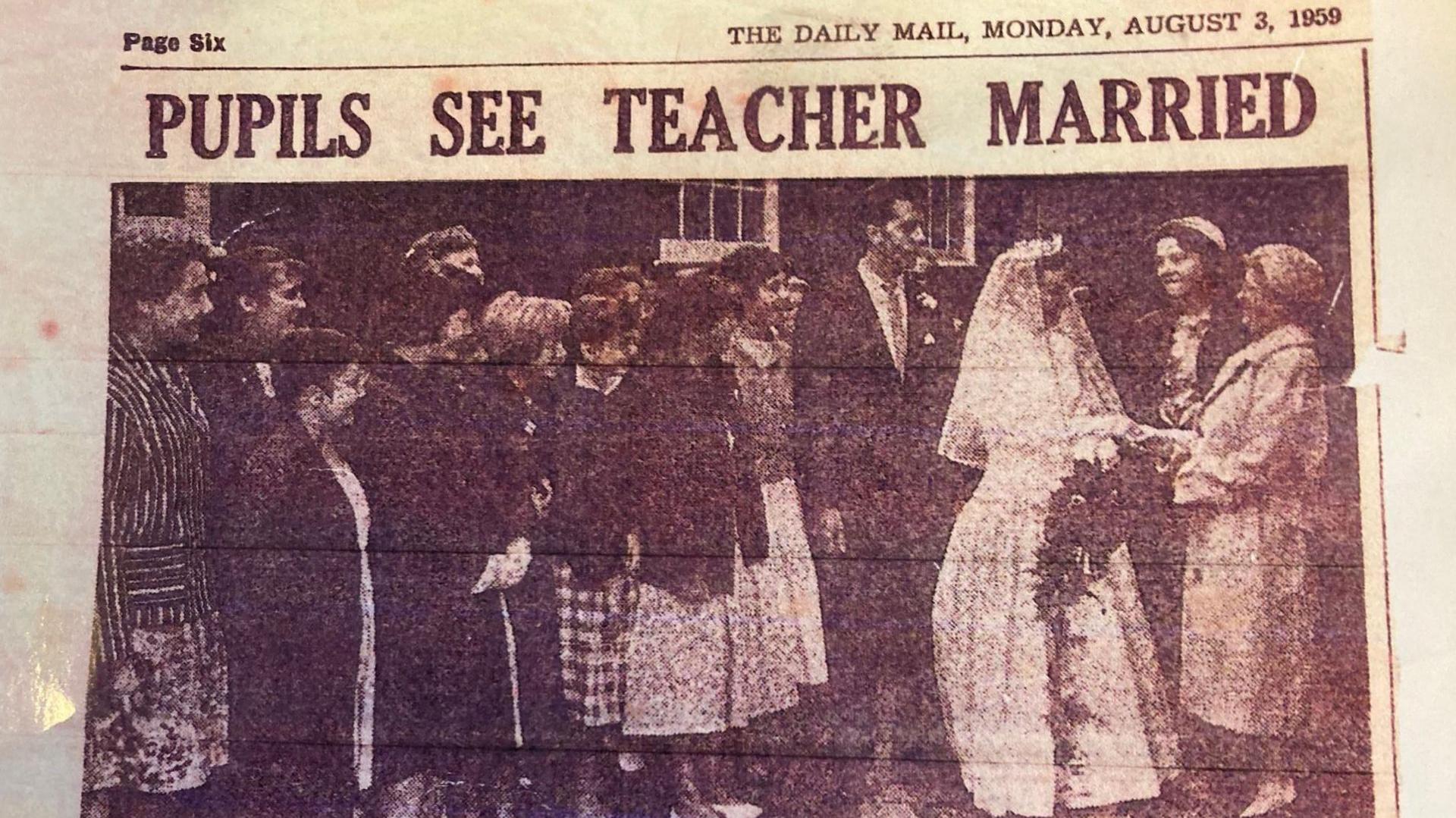 A page from the Hull Daily Mail, dated 3 August 1959, showing a photo of a bridge in a white dress being congratulated by an older women, watched by the groom and a group of schoolgirls. The headline reads: "Pupils see teacher married".