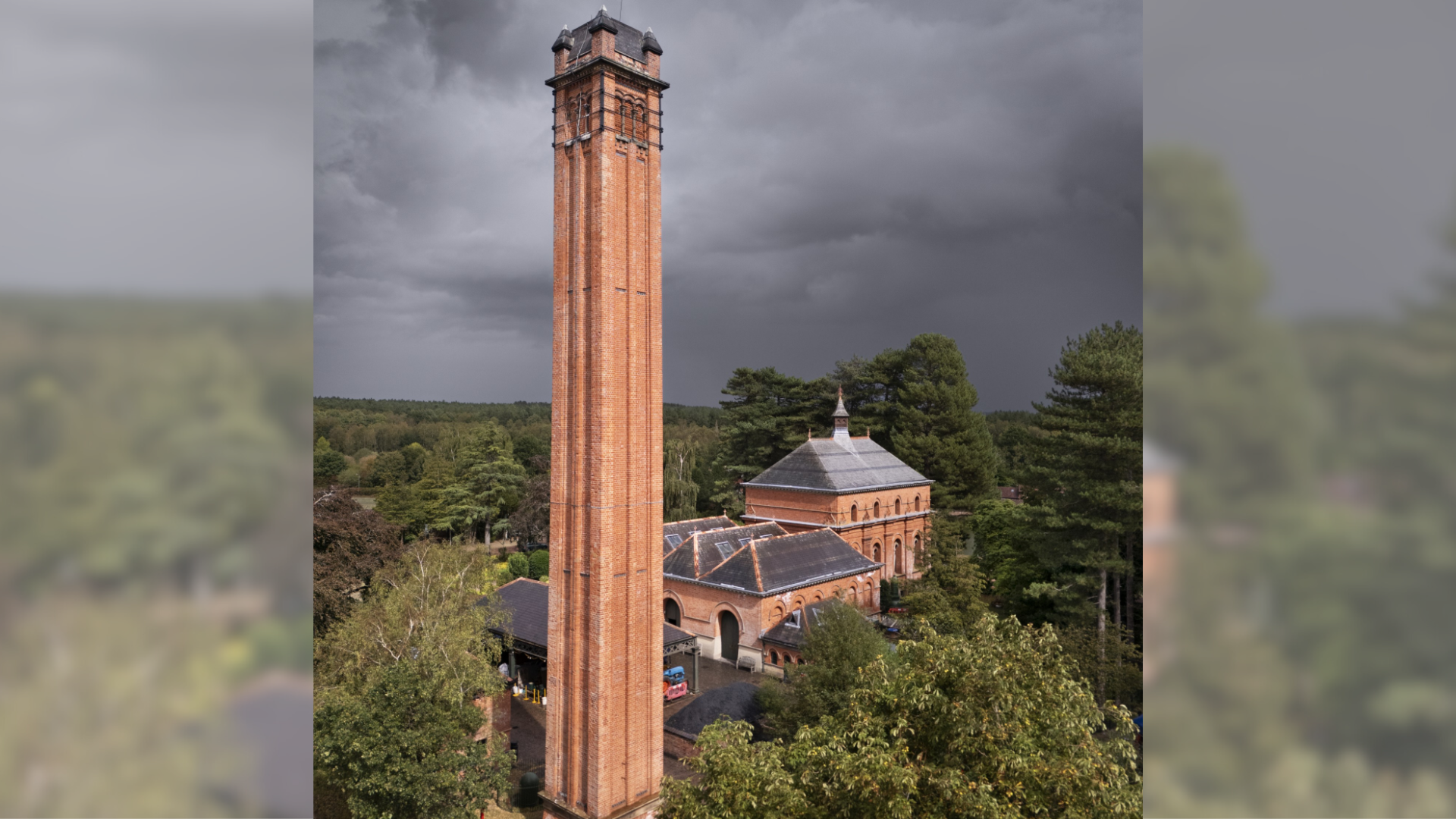 An aerial view of the Papplewick pumping station, including its main chimney in the foreground.