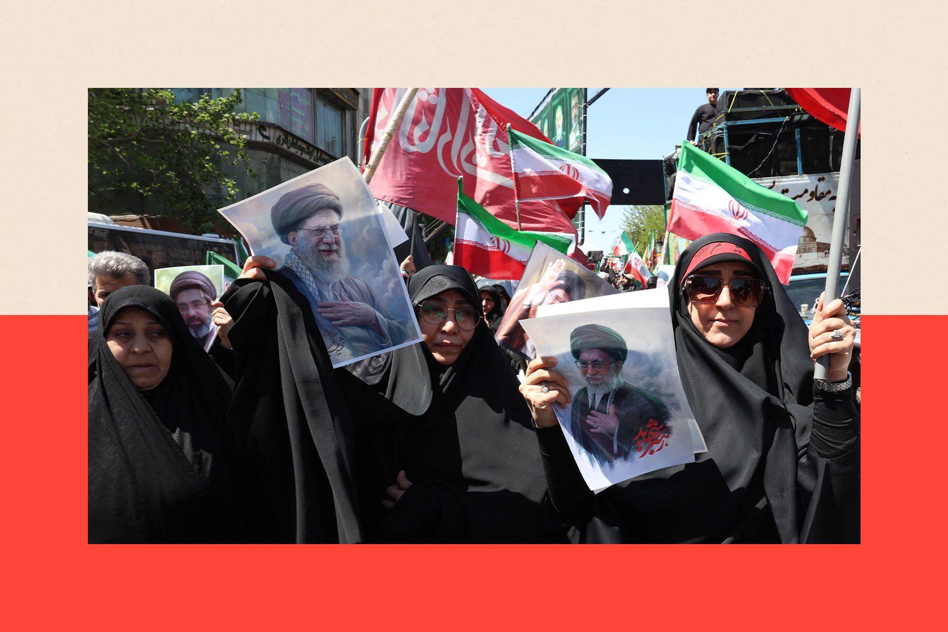 People hold portraits of Iran's supreme leader Ayatollah Ali Khamenei during a rally to commemorate his death in Tehran
