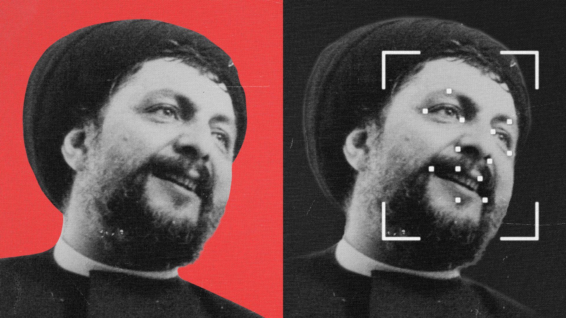 Two identical images of Musa al-Sadr, both black and white but one with a red background and one showing photo identification tracking points.