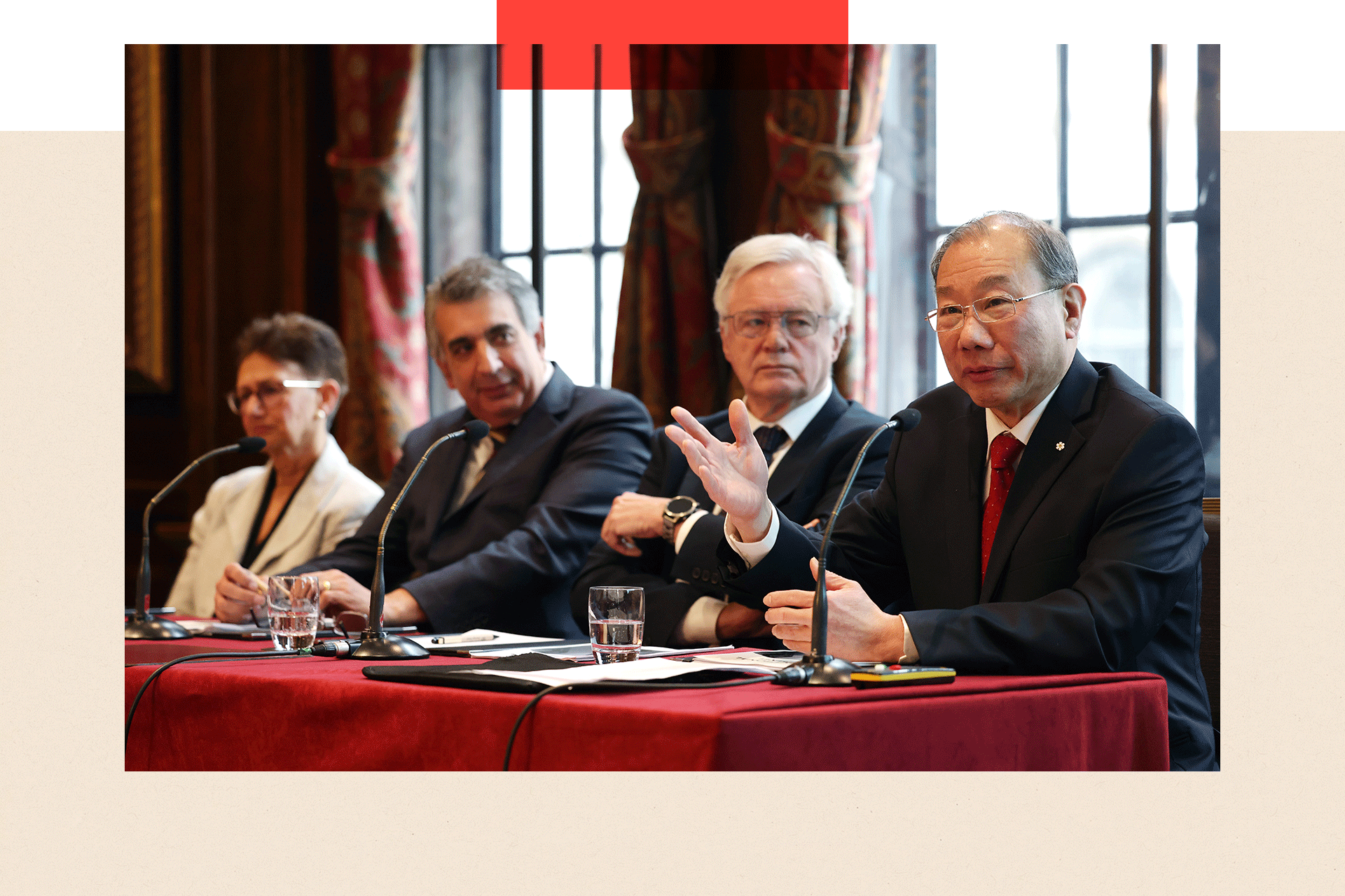 (L-R) Professor Neena Modi, Mark McDonald, Conservative MP Sir David Davis and Professor Shoo Lee attend a press conference to unveil new evidence on the Lucy Letby case - pictured sitting at a table with Professor Shoo Lee talking