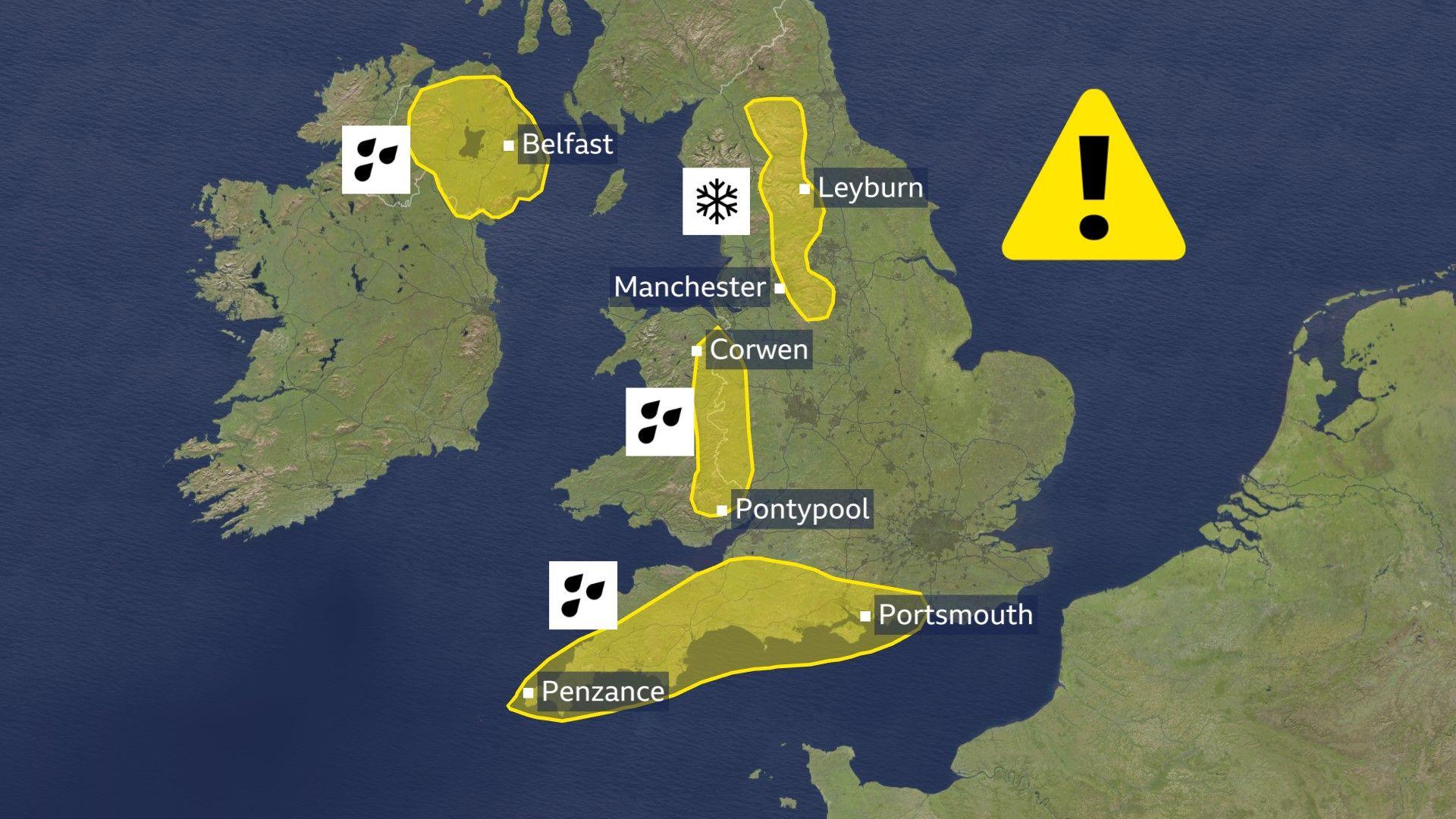 Map of UK showing weather warnings in southern England, parts of Wales, the West Midlands and Northern Ireland for rain. And northern England for snow.