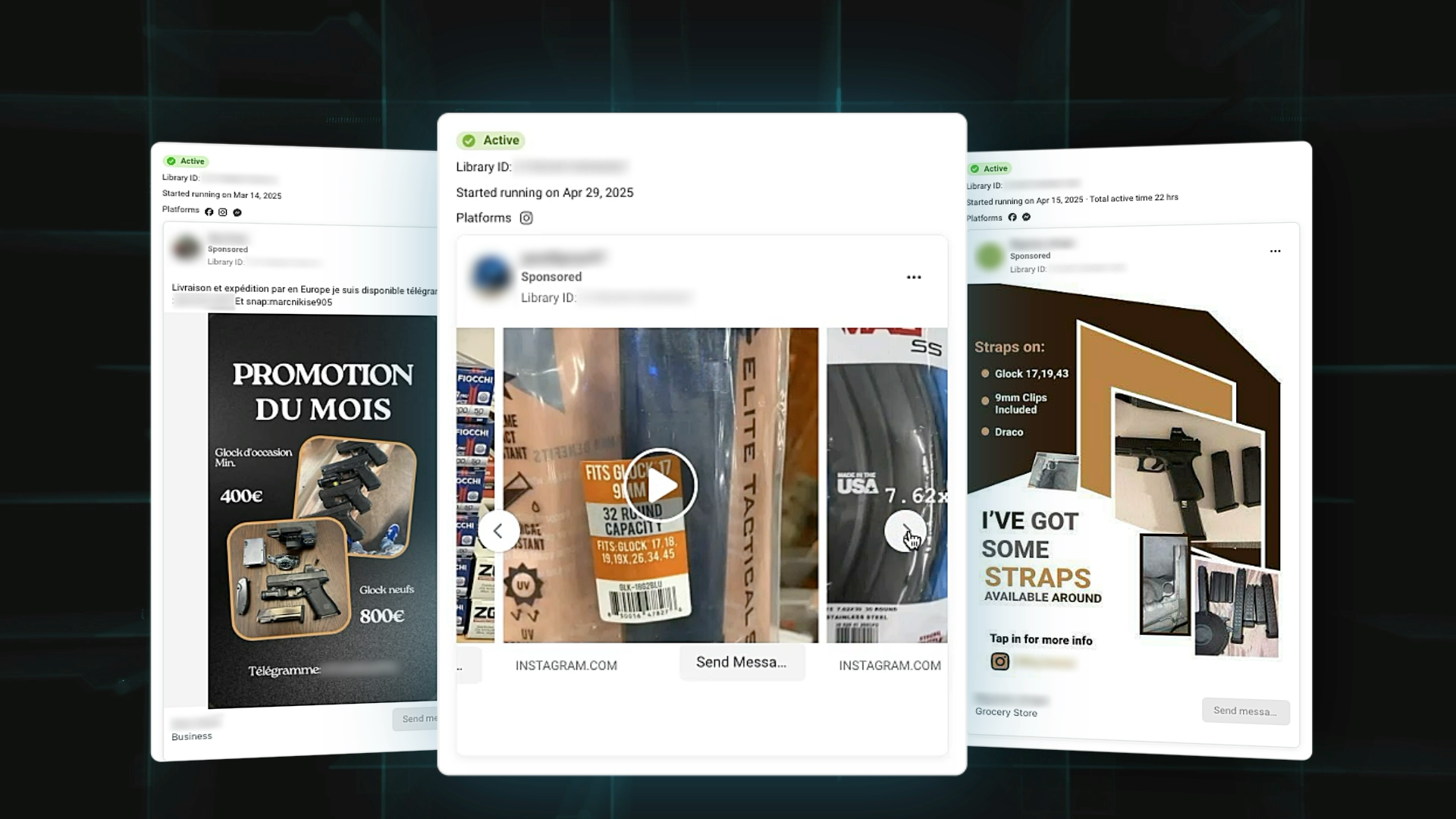 A graphic showing screenshots of adverts on Meta platforms for guns and gun accessories.